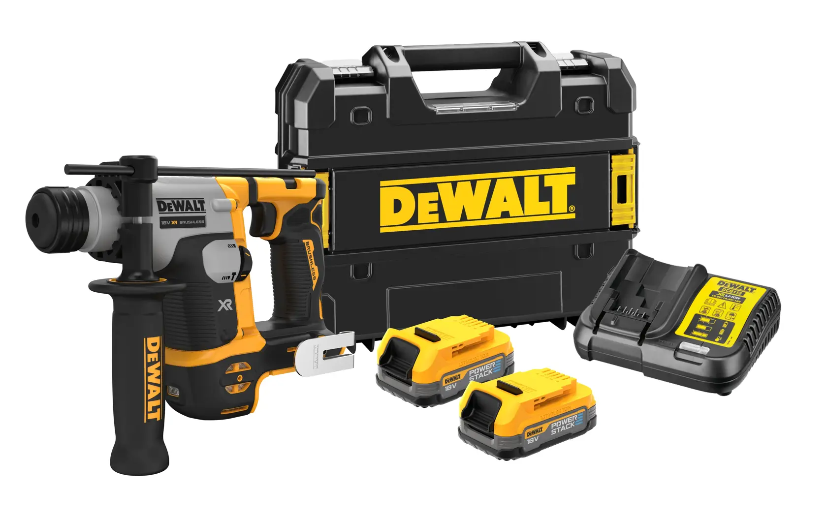 Set tassellatore a batteria DEWALT, modello DCH172E2T, mostrato con una valigetta rigida nera e gialla, due batterie ricaricabili e un caricabatterie.