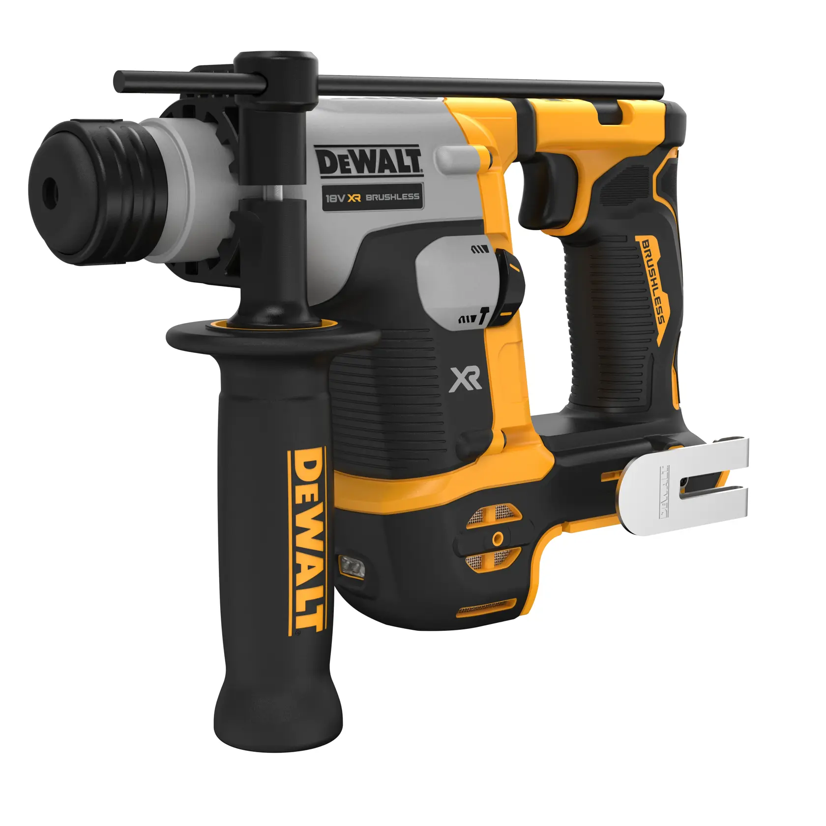 Martello rotativo DEWALT DCH172N, cordless, nero e giallo, manico laterale e gancio cintura.