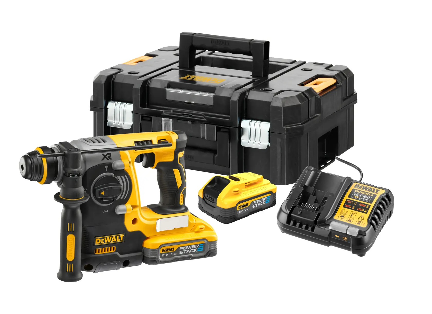 Kit trapano a percussione senza fili DEWALT, composto da un trapano a percussione giallo e nero, due batterie, un caricabatterie e una robusta valigetta nera.
