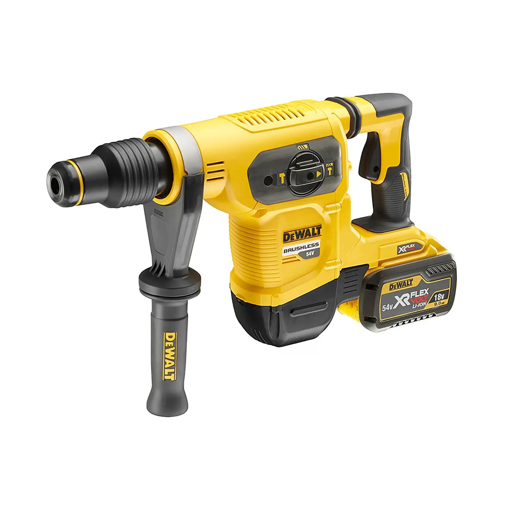 Martello rotativo a batteria DEWALT giallo e nero con impugnatura laterale e batteria al litio XR FLEXVOLT 54V/18V collegata.