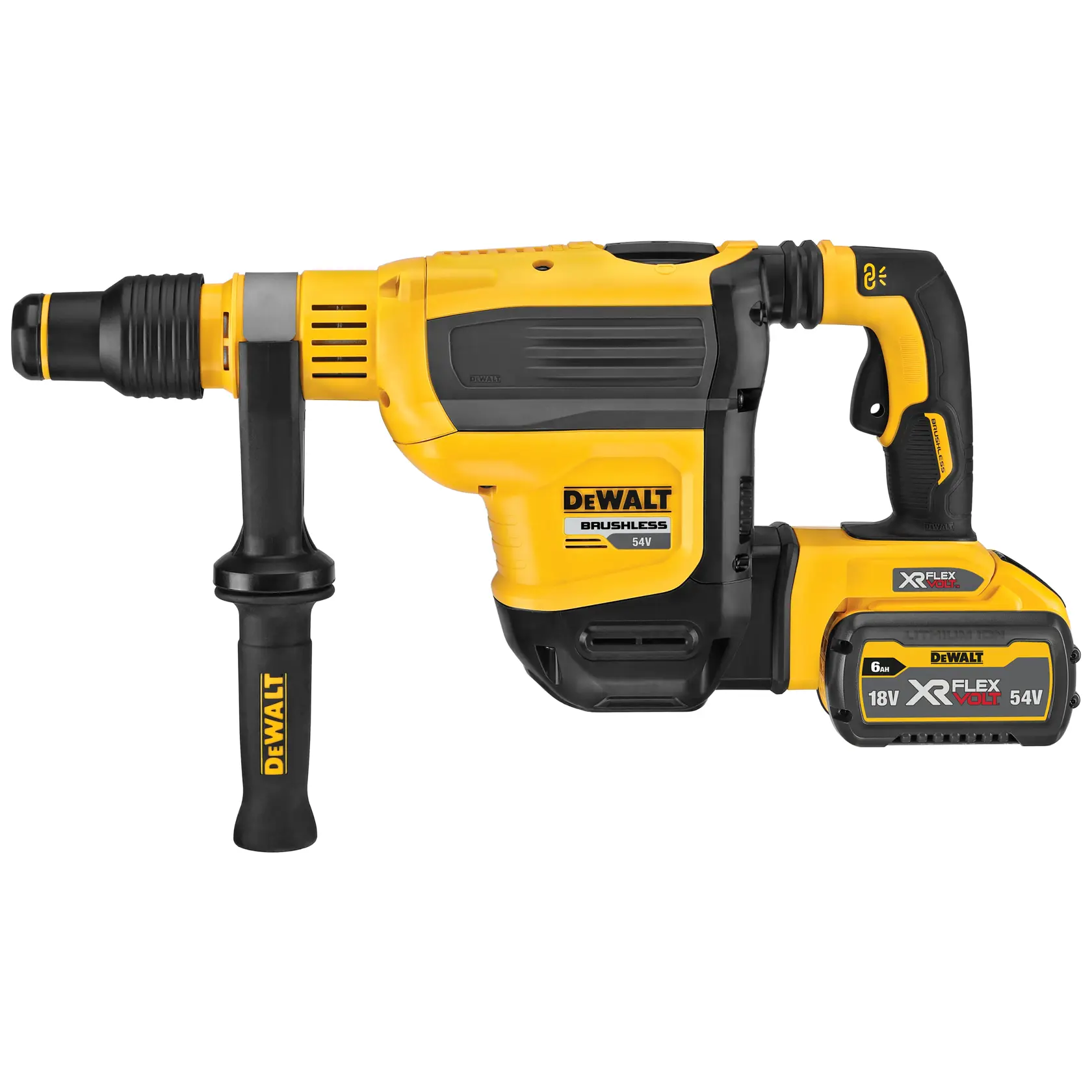 A construction worker wearing a blue hard hat and orange safety vest uses a yellow DEWALT rotary hammer to break down a