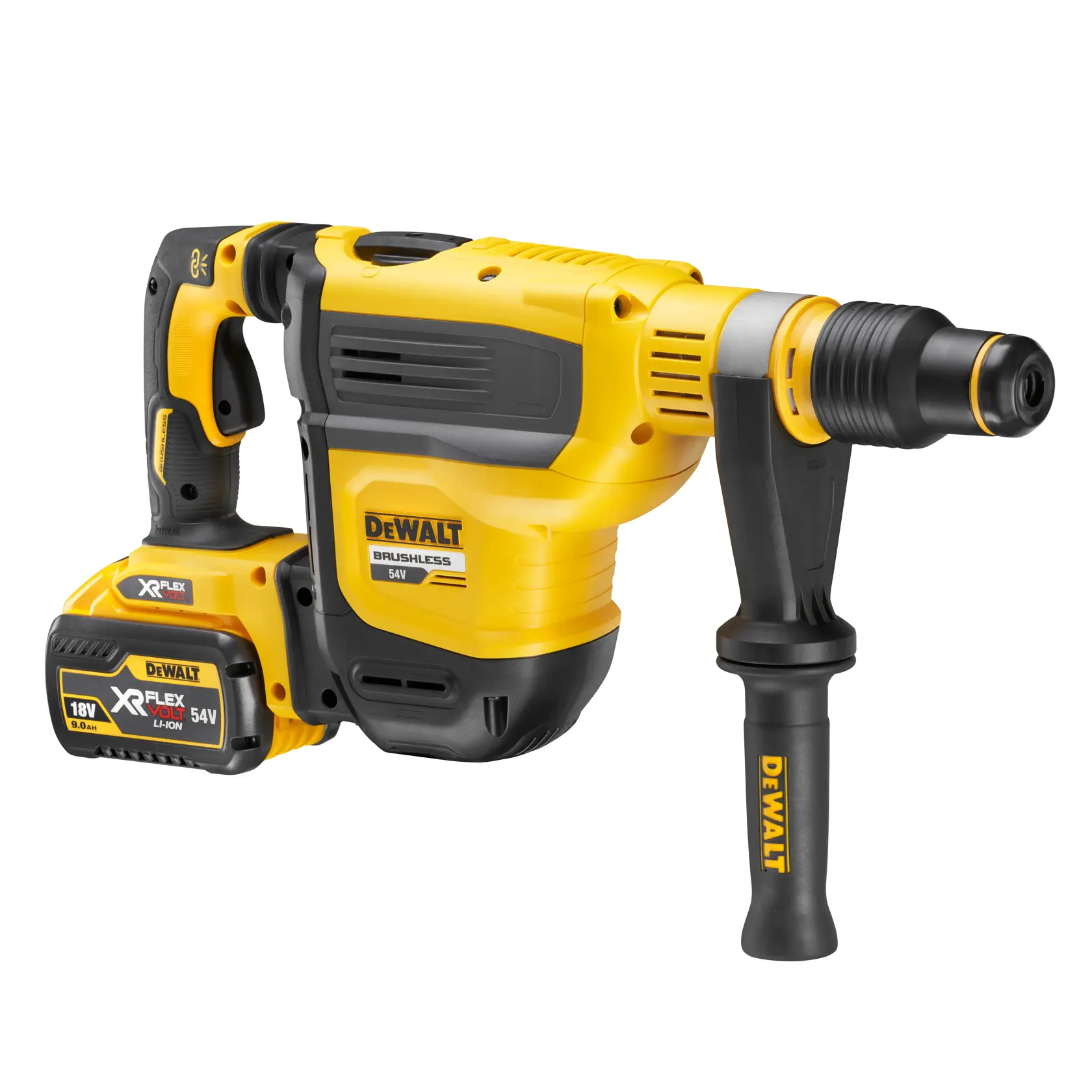 A construction worker wearing a blue hard hat and orange safety vest uses a yellow DEWALT rotary hammer to break down a