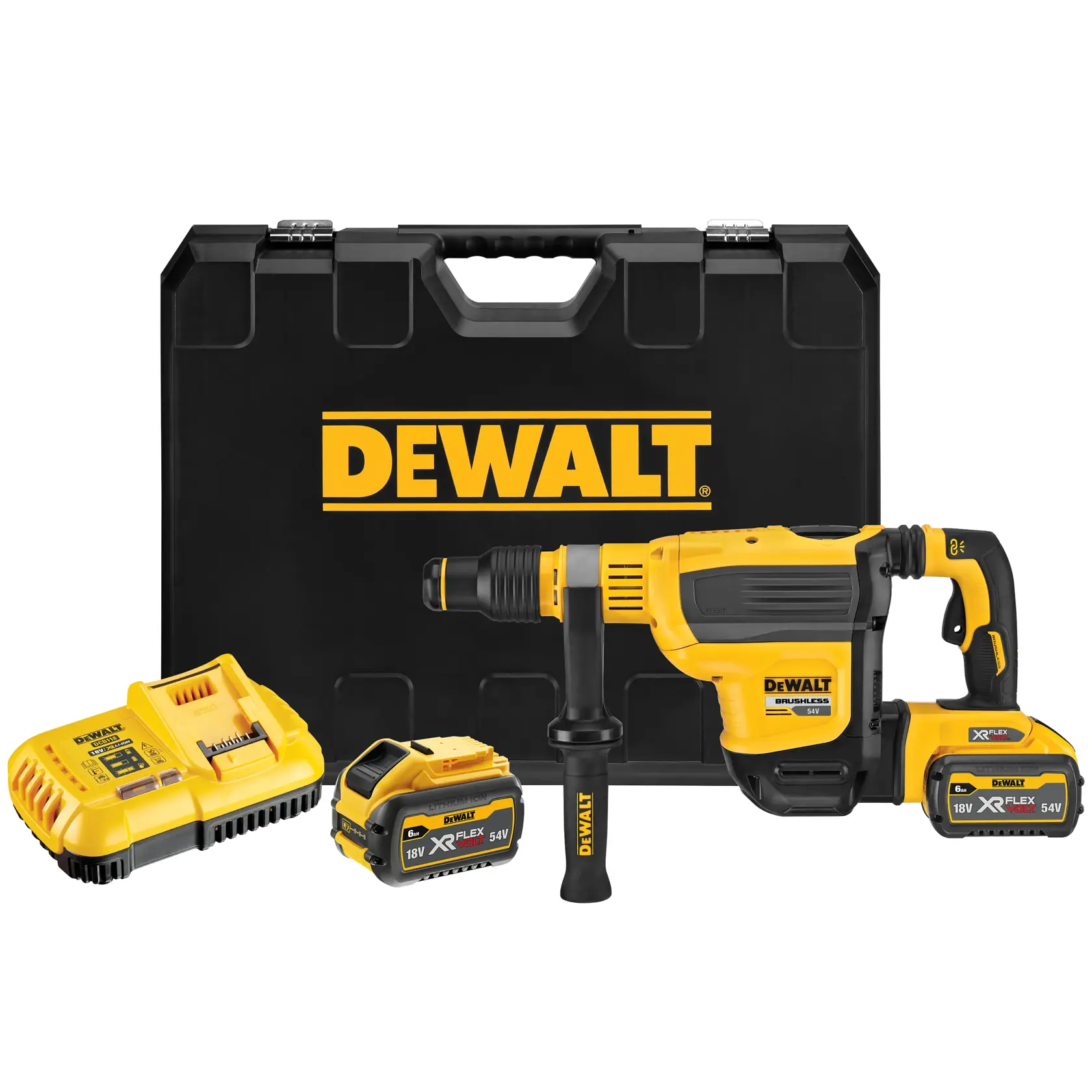 Un ouvrier du bâtiment portant un casque bleu et un gilet de sécurité orange utilise un marteau rotatif jaune DEWALT pour