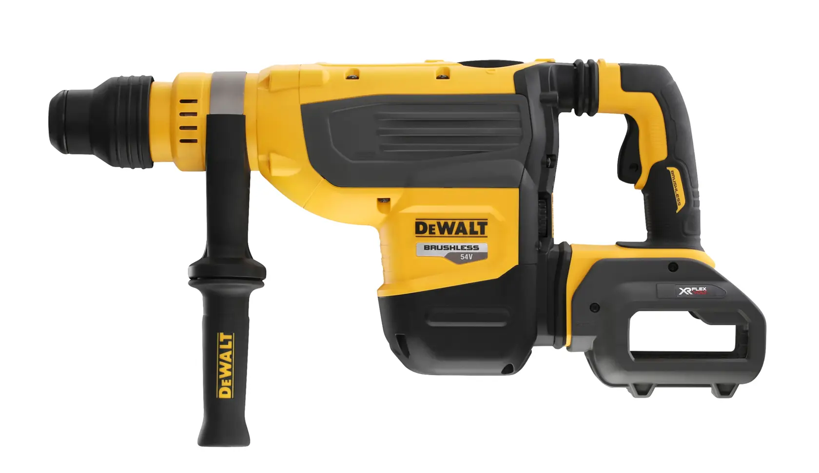 Martello rotativo DEWALT giallo e nero con impugnatura laterale, su sfondo bianco.