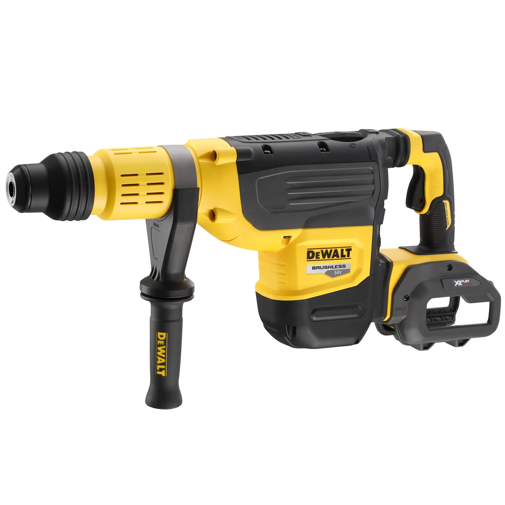 Martello rotativo DEWALT senza fili giallo e nero con manico laterale, su sfondo bianco.