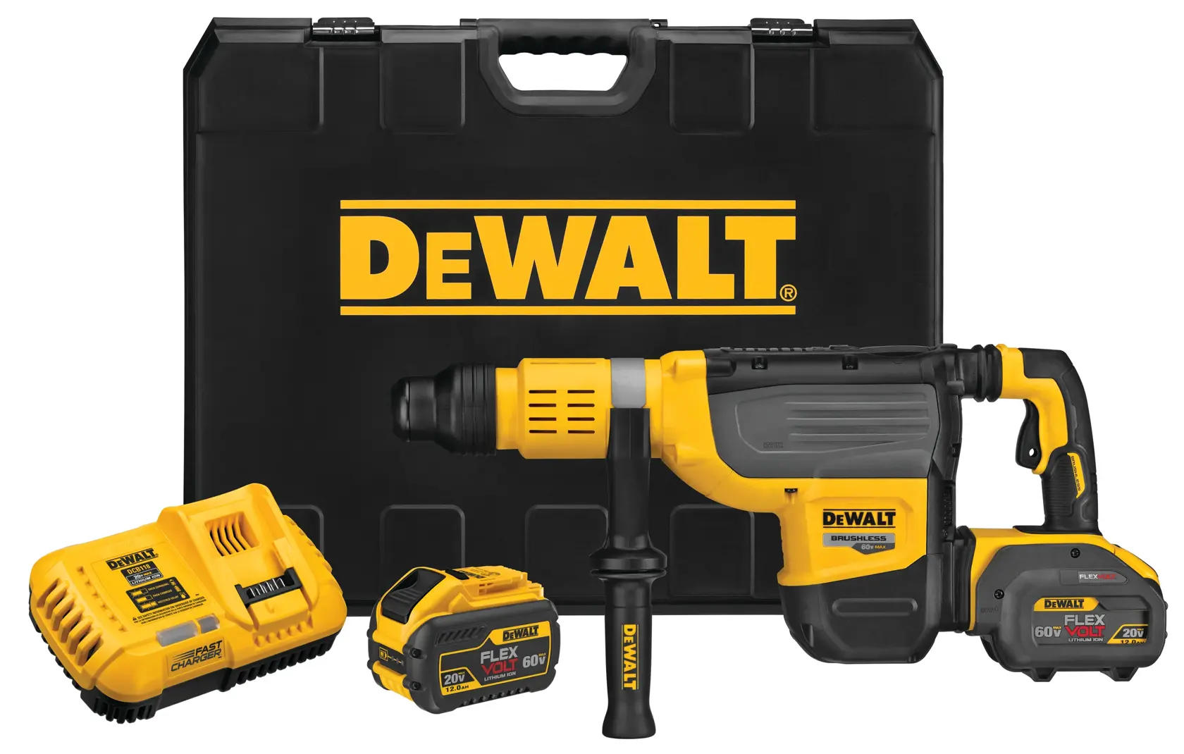 È raffigurato un kit martello rotante a batteria DEWALT, che include il martello rotante, due batterie FLEXVOLT, un caricabatterie e una valigetta nera DEWALT.