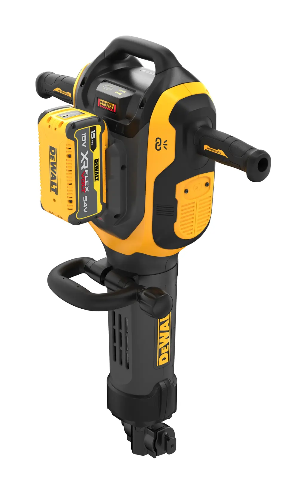 Una persona con indumenti di sicurezza utilizza un martello demolitore DEWALT per rompere un pavimento in cemento vicino a un muro in un ambiente industriale. Strumenti e attrezzature da cantiere sono visibili sullo sfondo.