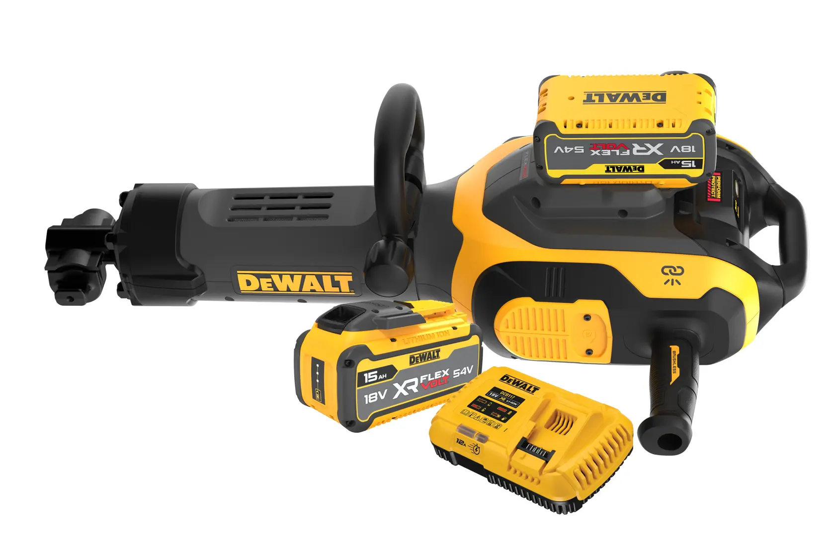 Logo DEWALT centrato su sfondo bianco.