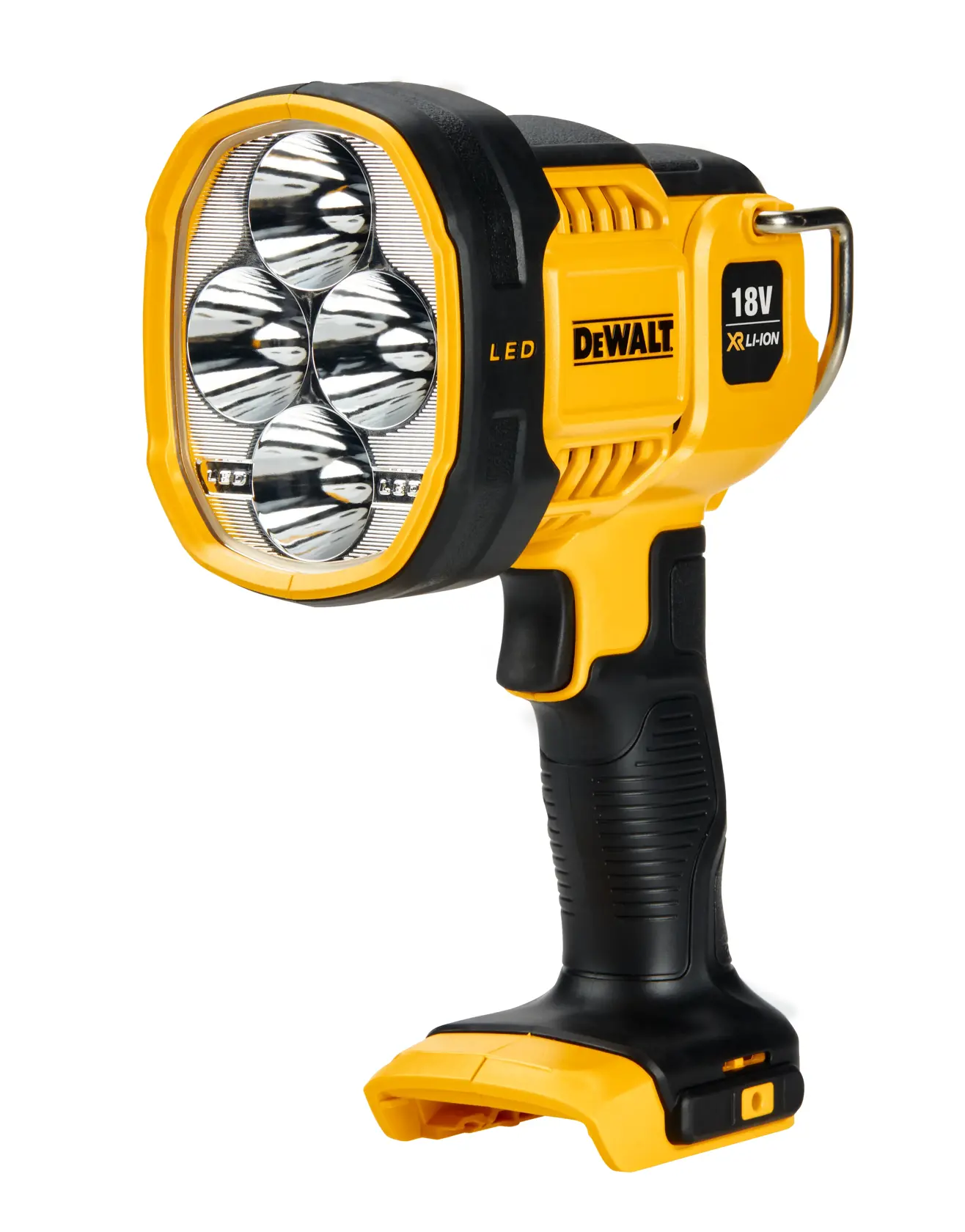 A DEWALT 20V MAX LED handheld work light, featuring a black and yellow ergonomic design with a prominent handle and battery compartment at the bottom.