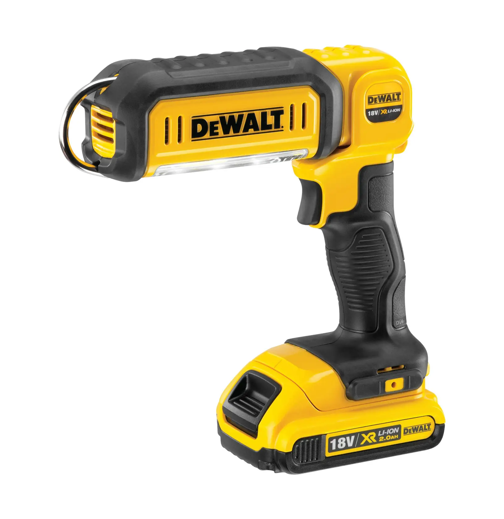 Lampada da lavoro DEWALT DCL050 18V XR LED portatile in plastica gialla e nera, a batteria.