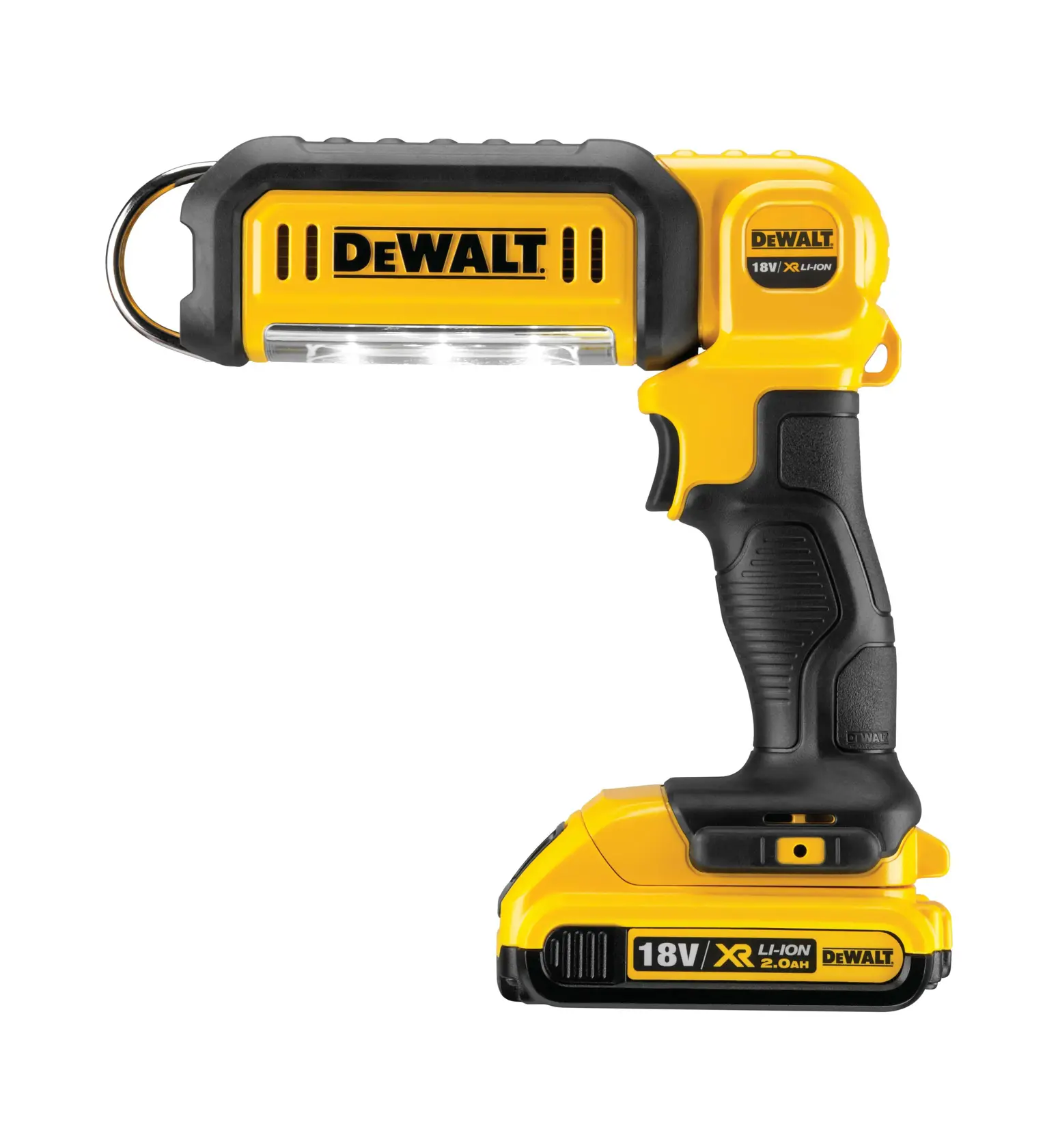 A DEWALT DCL050 LED work light is being used to illuminate an automotive suspension system while a person wearing safety glasses and gloves works with another DEWALT tool.