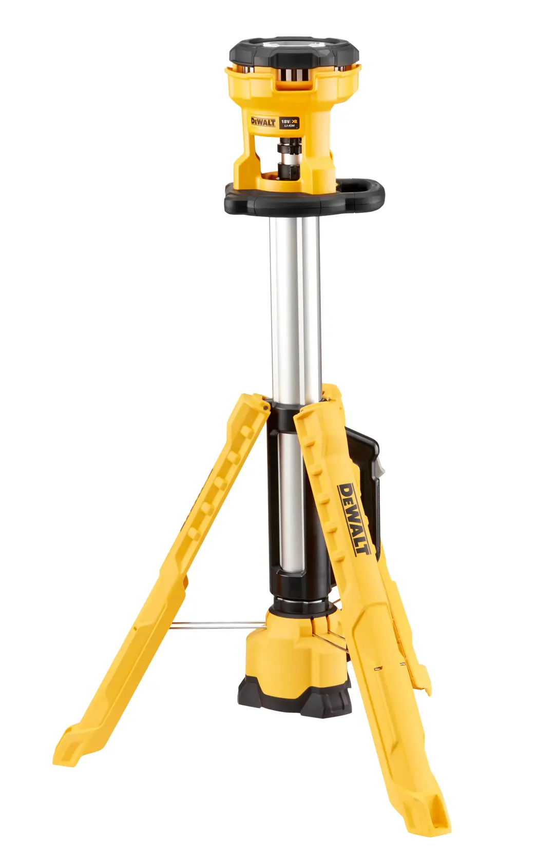 Lampada da lavoro gialla DEWALT DCL079 su treppiede con altezza regolabile per cantieri.