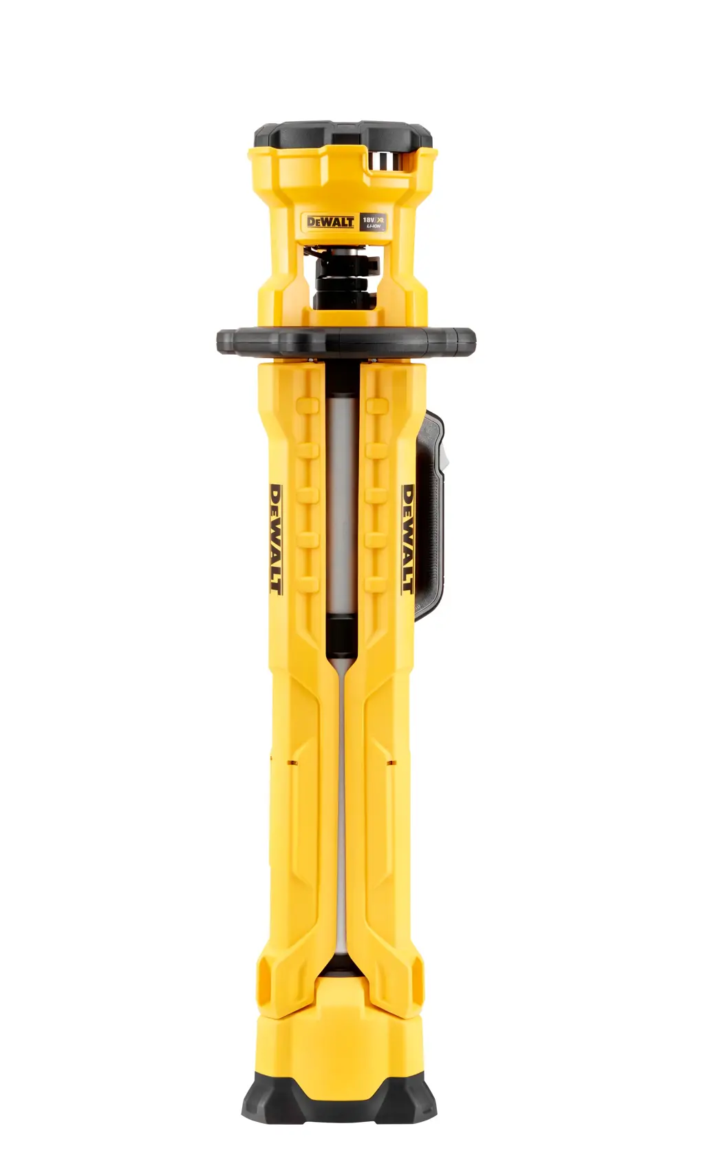 DEWALT video highlights the 20V tripod light DCL079, its brightness, runtime, and compatible tools in a workshop setting.