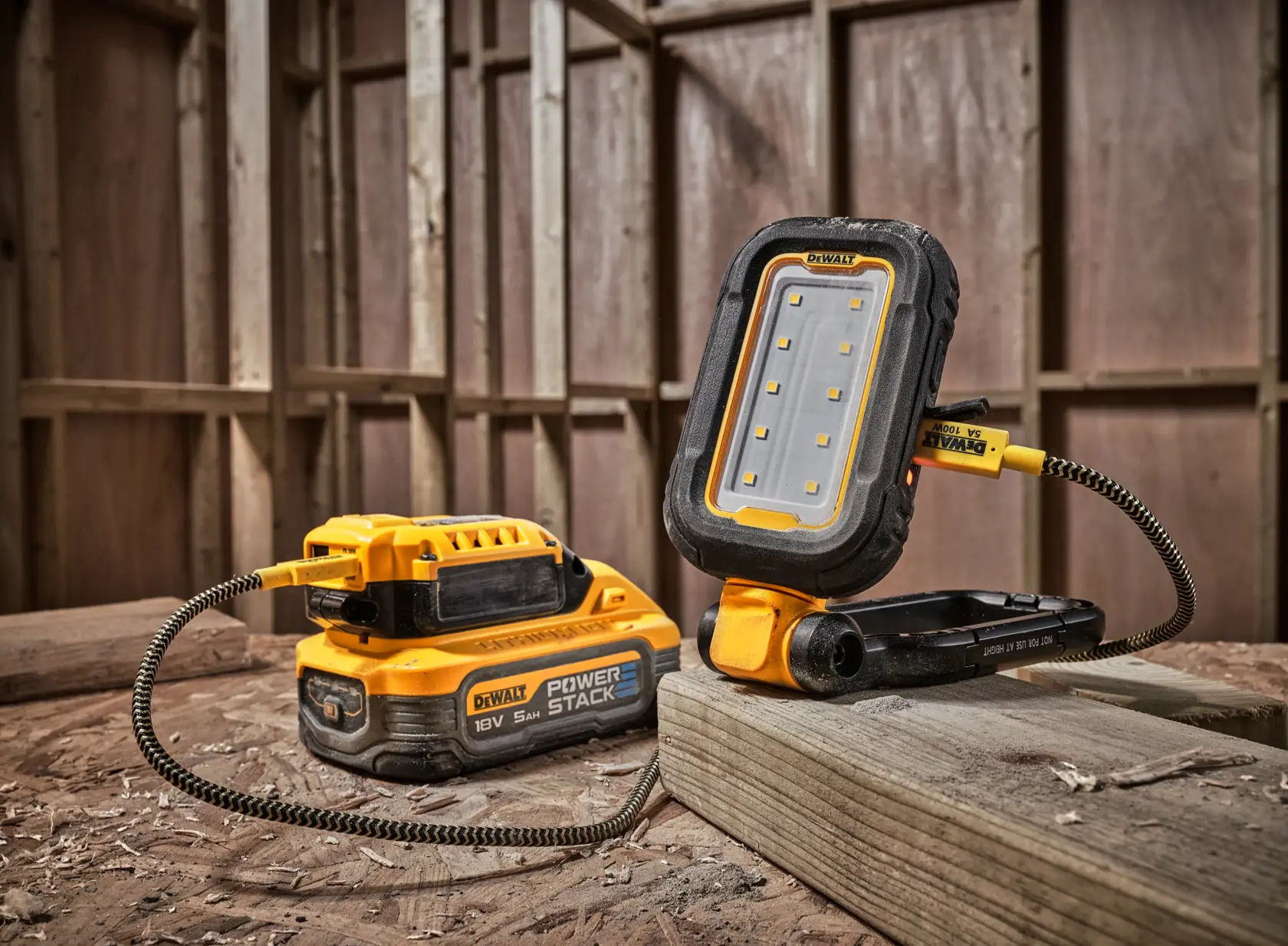 Vue latérale d'une lampe de travail portable DEWALT DCL182 avec un support pliable, présentant un extérieur robuste jaune et noir.