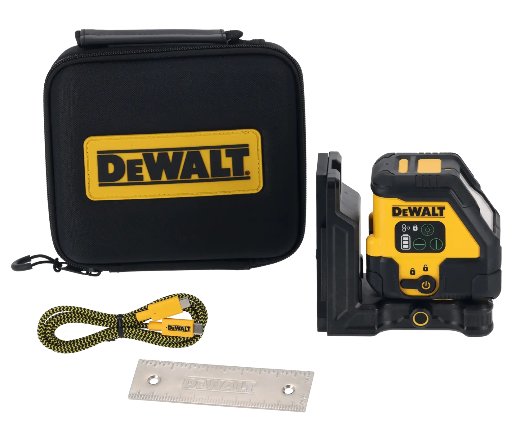 Logo DEWALT centrato su sfondo bianco.