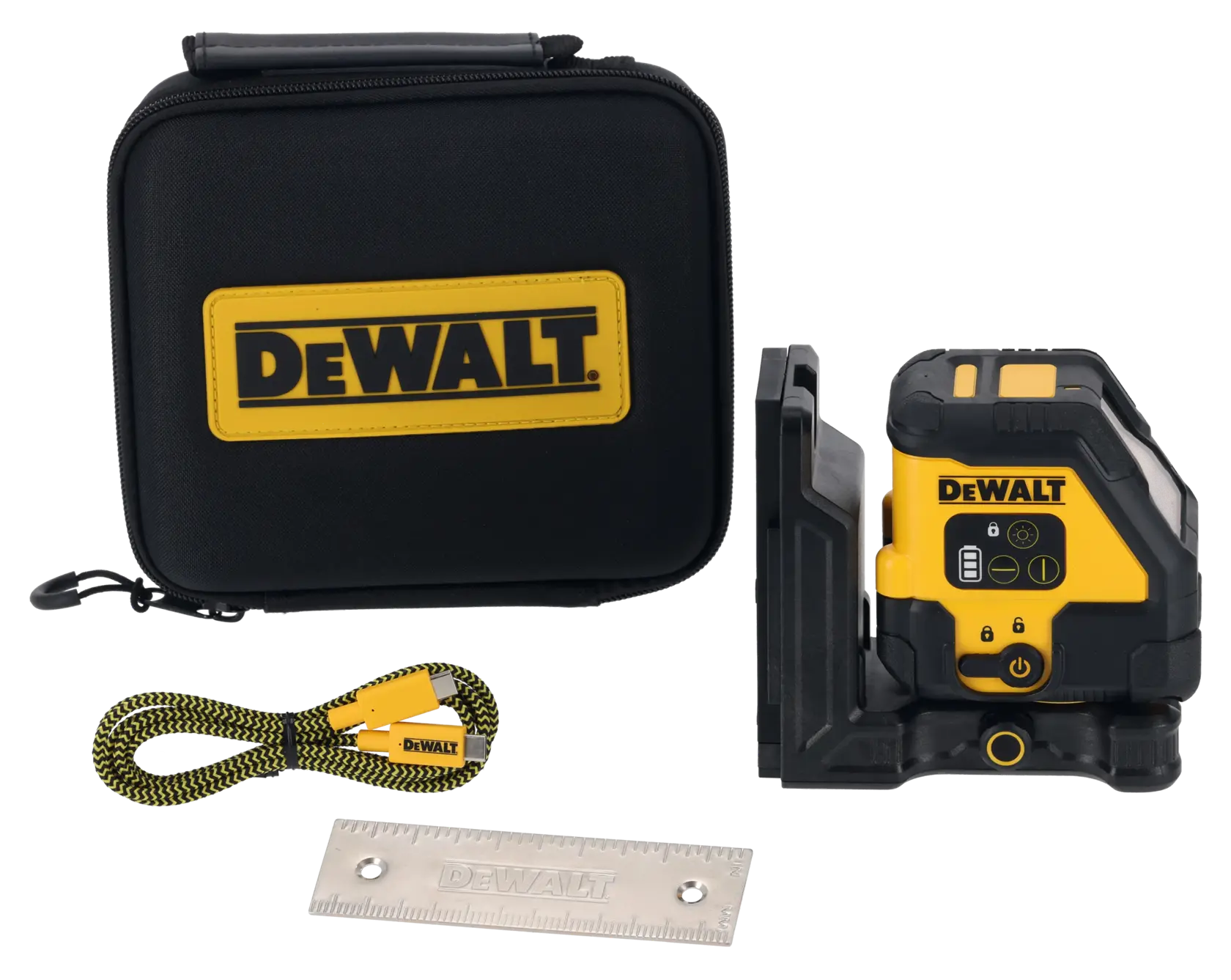 Kit livella laser DEWALT che include un dispositivo laser nero e giallo, una robusta custodia da trasporto con maniglia e logo DEWALT, un cavo di ricarica USB-C giallo e un righello in metallo.