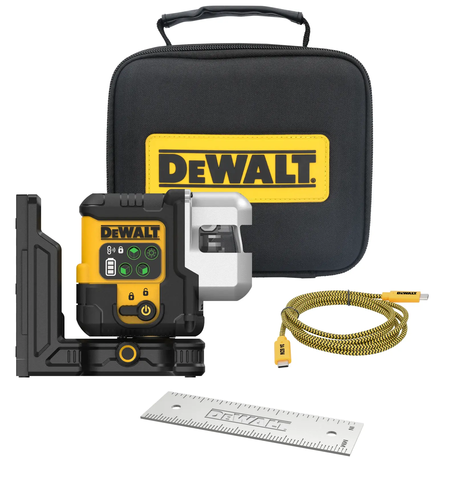 Logo DEWALT centrato su sfondo bianco.