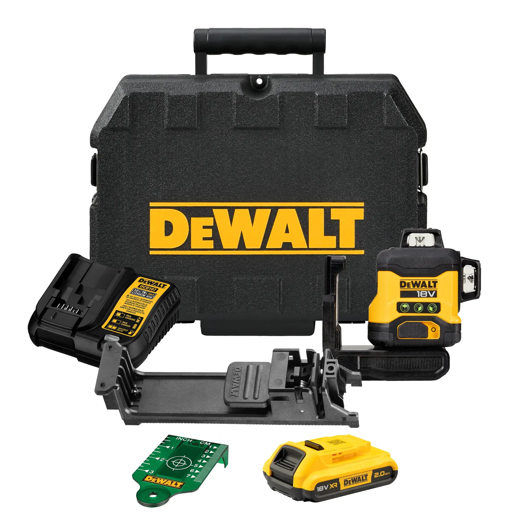 Kit livello laser DEWALT che include una custodia rigida, dispositivo livello laser, caricabatterie, staffa di montaggio, batteria ricaricabile e una piastra bersaglio verde.