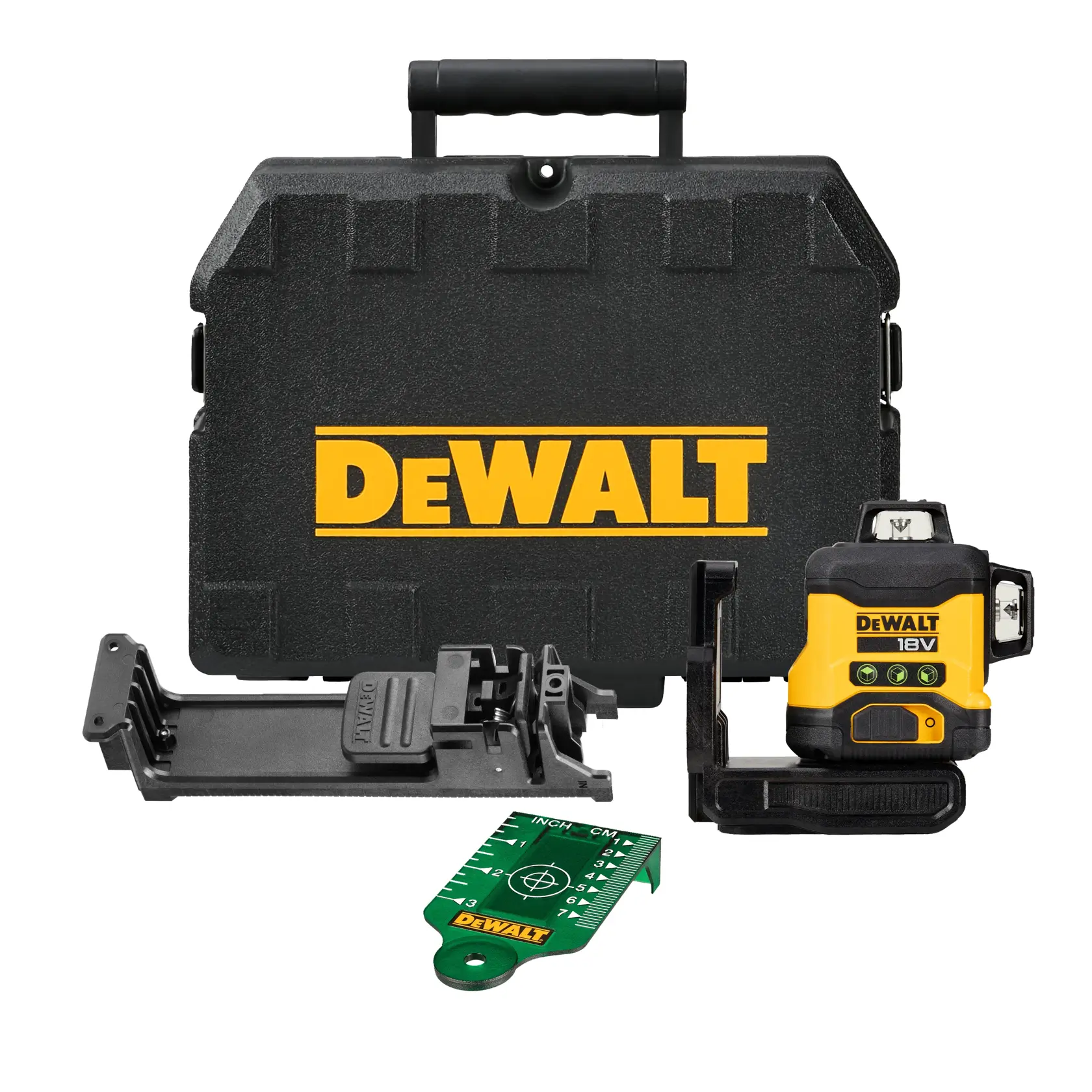 Kit livella laser DEWALT, composto da una valigetta nera con logo DEWALT, un dispositivo livella laser giallo e nero, accessori di montaggio e un bersaglio di misurazione verde.