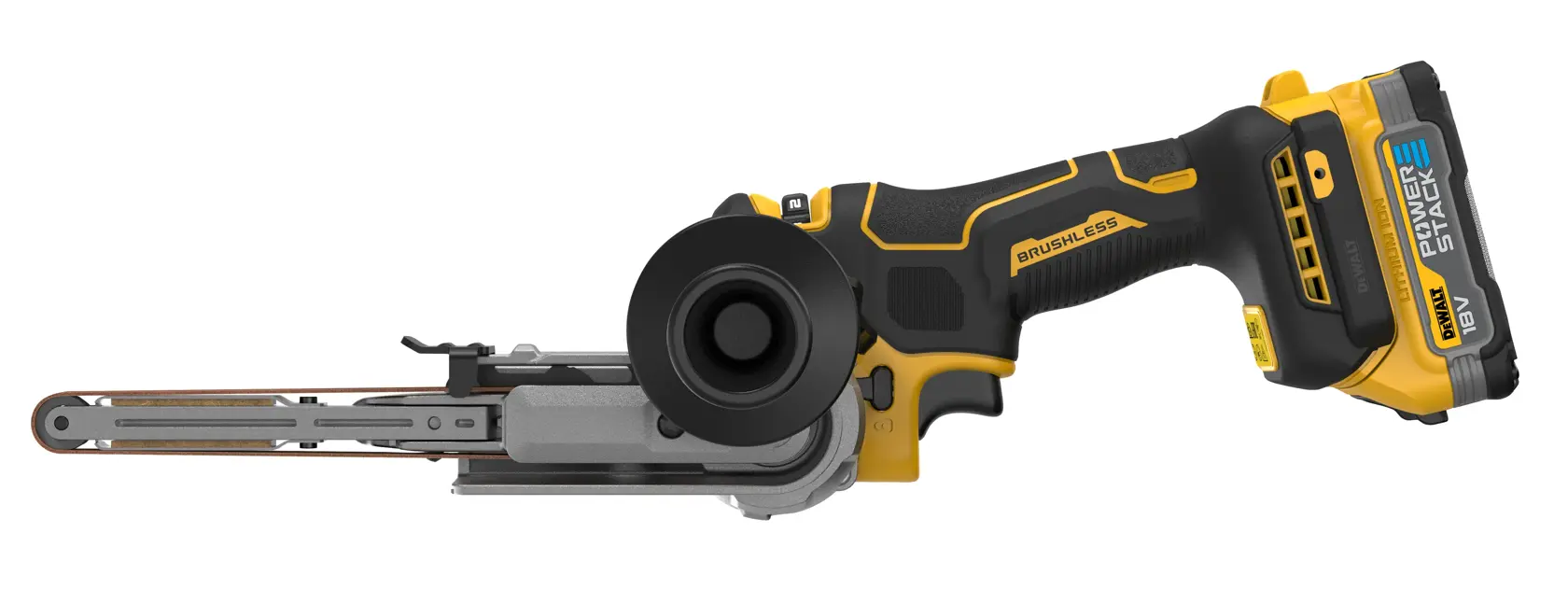 Levigatrice a nastro DEWALT senza fili, manico ergonomico nero e giallo, batteria da 18V.