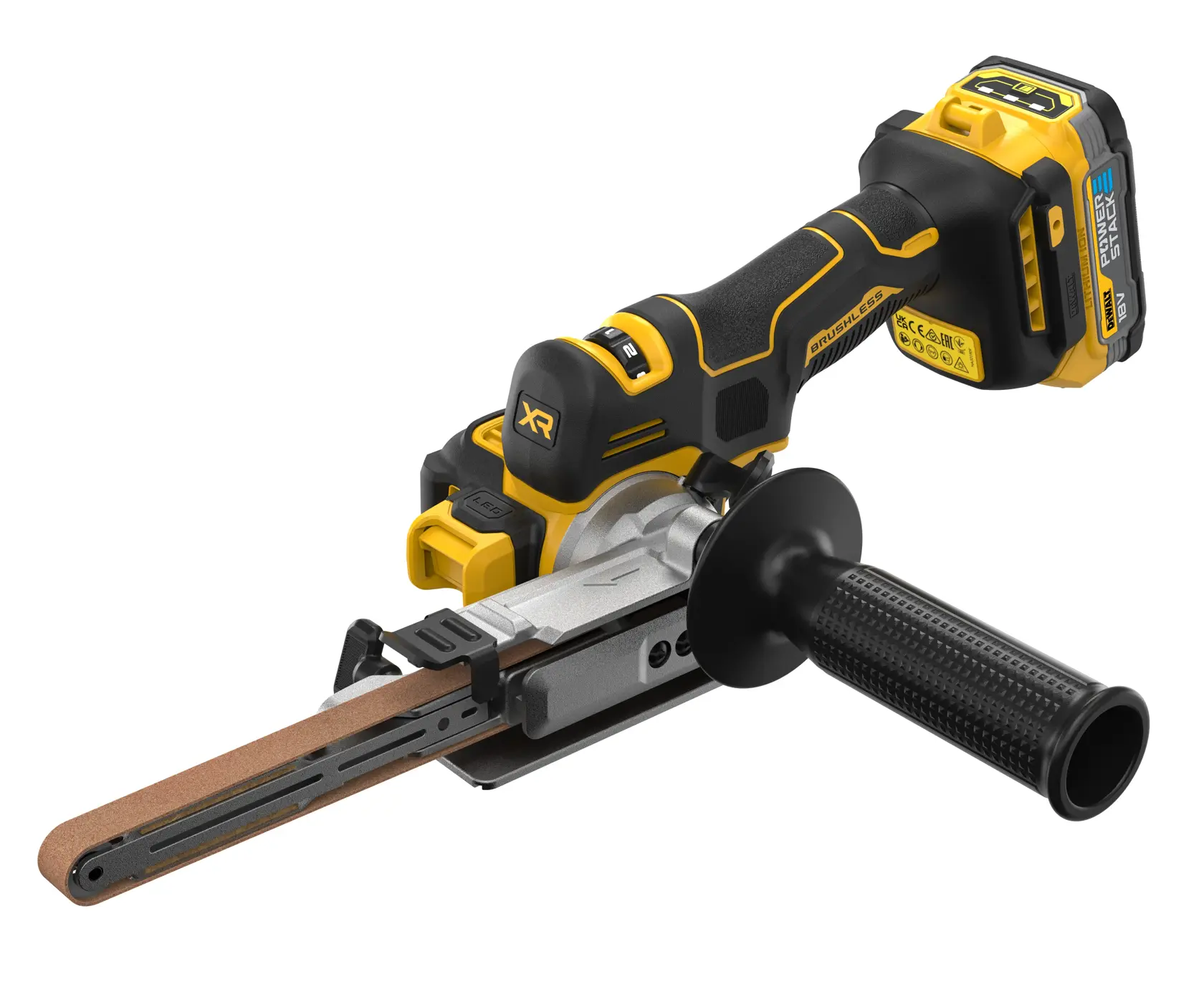 Lima a nastro DEWALT a batteria con impugnatura ergonomica e manico per levigatura o smerigliatura.