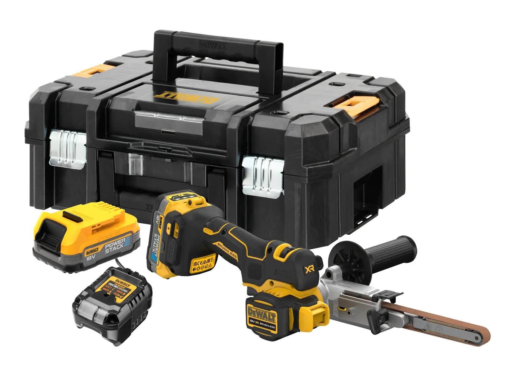 Logo DEWALT centrato su sfondo bianco.