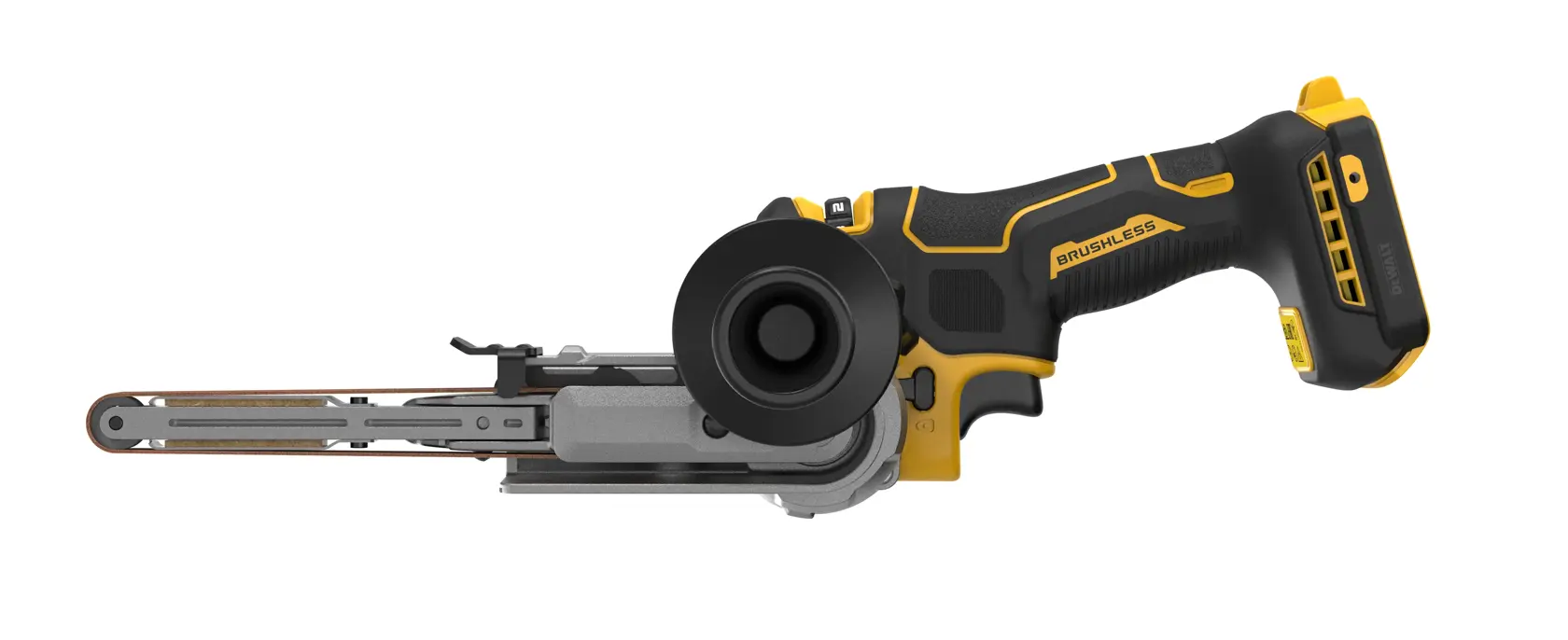 Levigatrice a nastro 457x13mm XR 18V BRUSHLESS, per la finitura e la sbavatura in spazi ristretti, velocità variabile 7 posizioni 579-1.700 m/min,  Braccio esterno per superfici tonde, impugnatura laterale, adattatore per aspirazione, valigetta TSTAK.