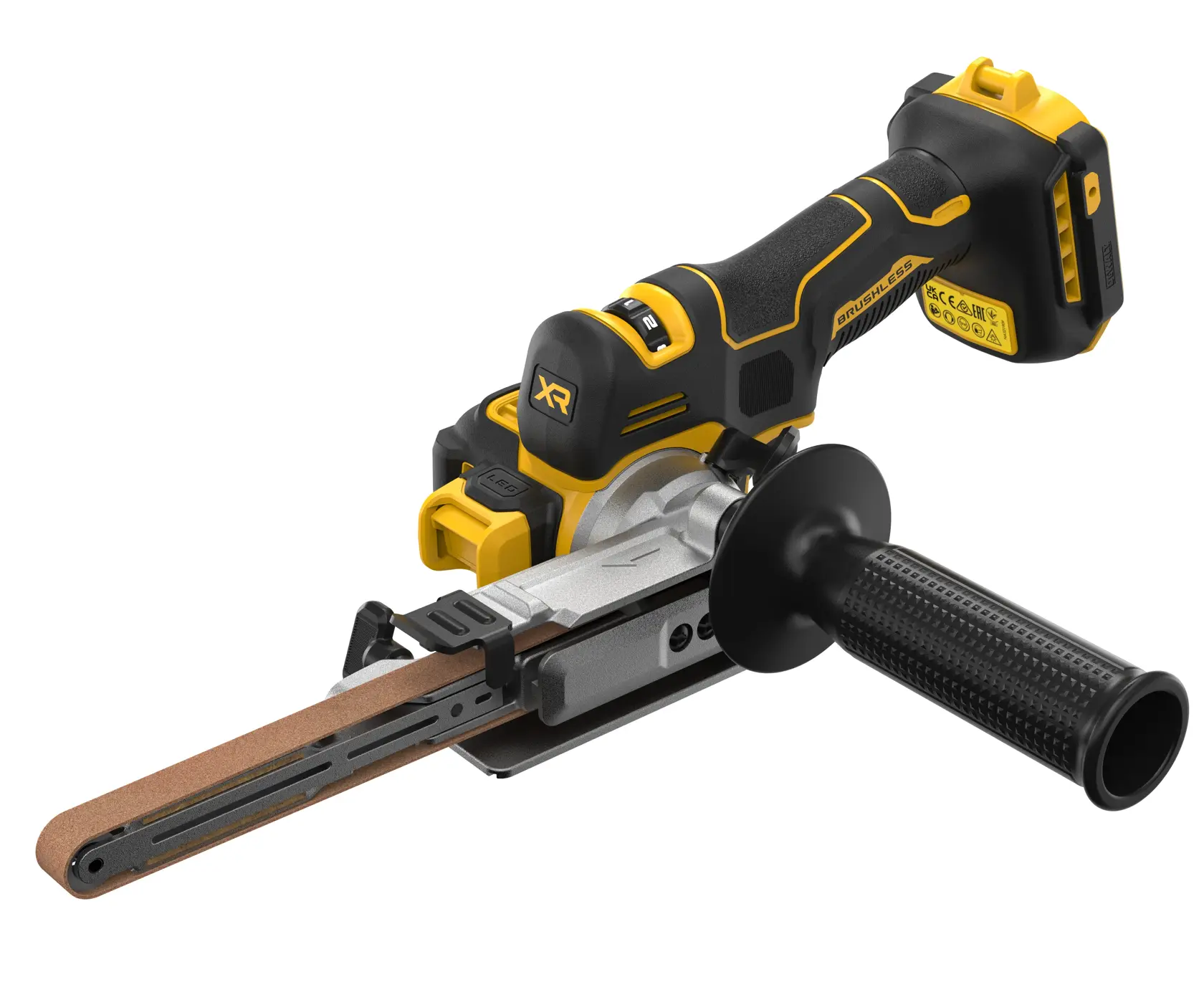 Levigatrice a nastro 457x13mm XR 18V BRUSHLESS, per la finitura e la sbavatura in spazi ristretti, velocità variabile 7 posizioni 579-1.700 m/min,  Braccio esterno per superfici tonde, impugnatura laterale, adattatore per aspirazione, valigetta TSTAK.
