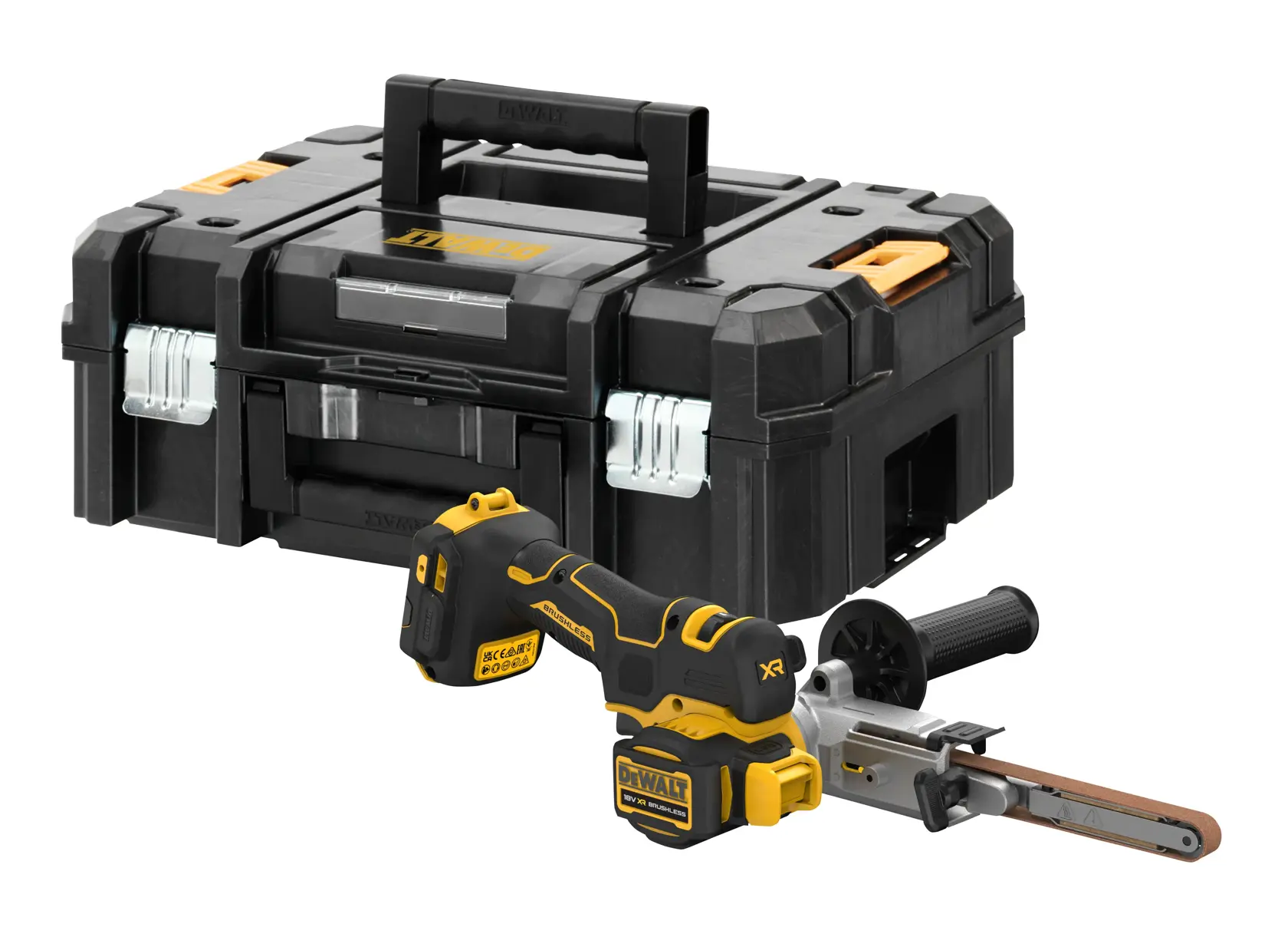 Levigatrice a nastro 457x13mm XR 18V BRUSHLESS, per la finitura e la sbavatura in spazi ristretti, velocità variabile 7 posizioni 579-1.700 m/min,  Braccio esterno per superfici tonde, impugnatura laterale, adattatore per aspirazione, valigetta TSTAK.