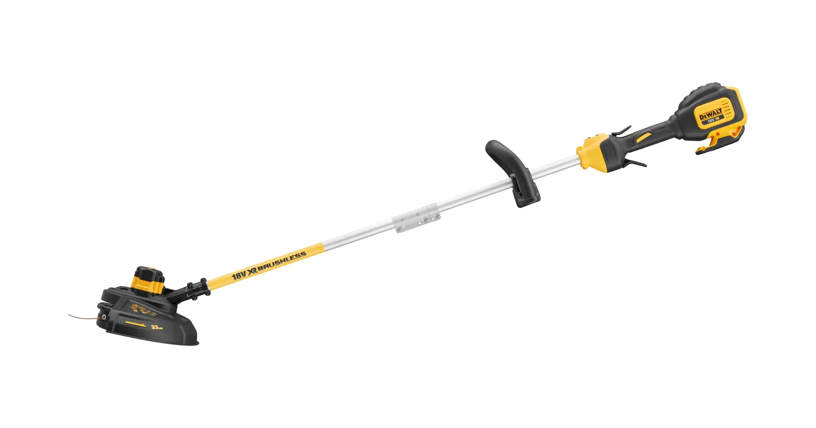 Tagliaerba DEWALT senza fili, colore giallo e nero e impugnatura ergonomica.