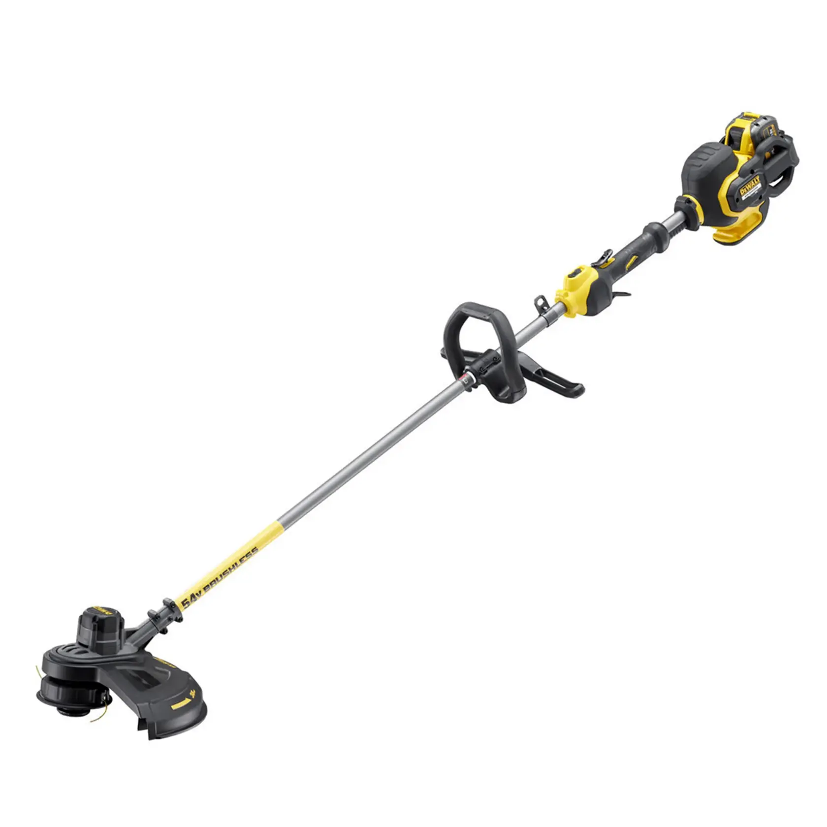Un tagliaerba a batteria DEWALT con design giallo e nero, asta in metallo lunga, impugnatura e testa di taglio.