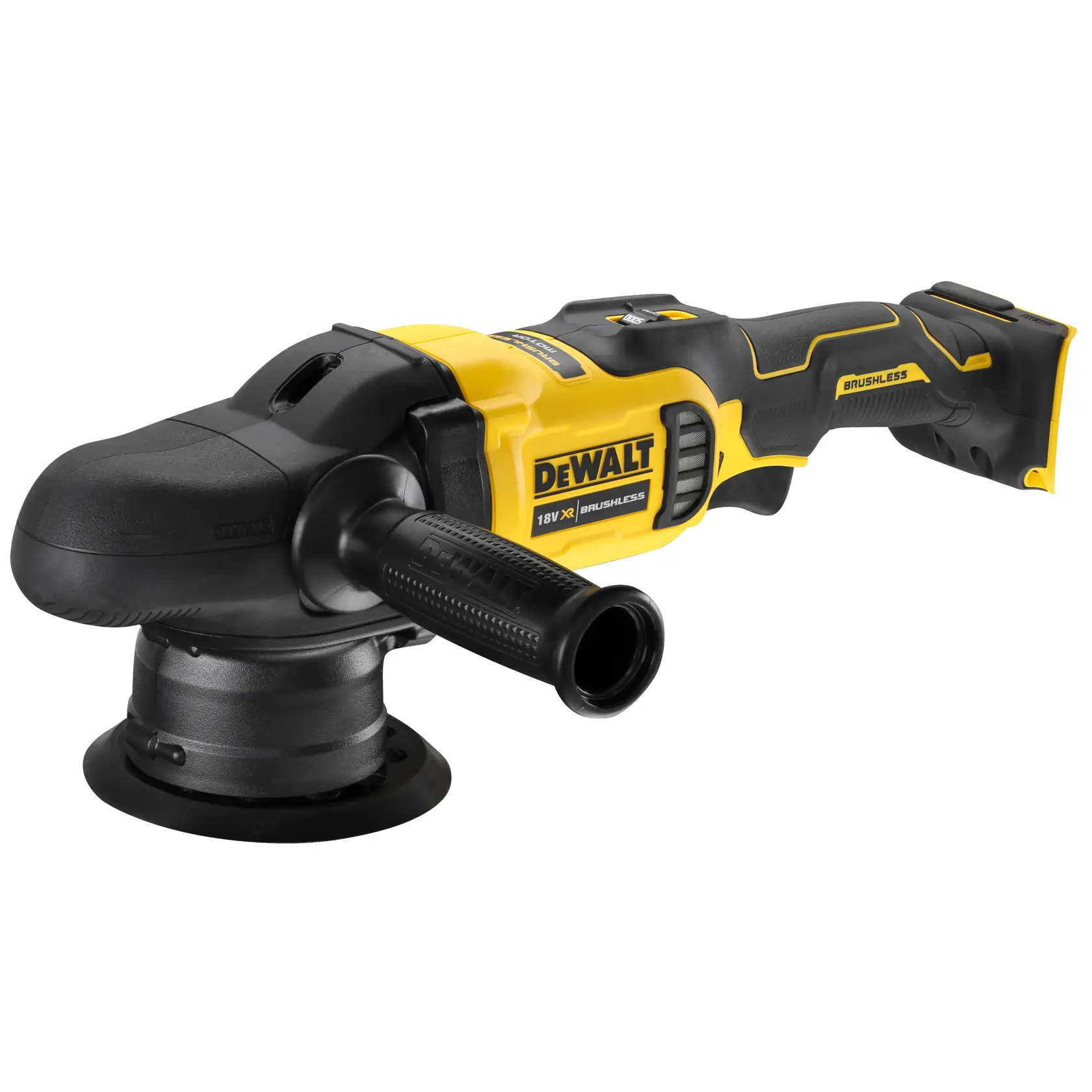 Lucidatrice DEWALT DCM848N senza fili gialla e nera, con manico laterale.