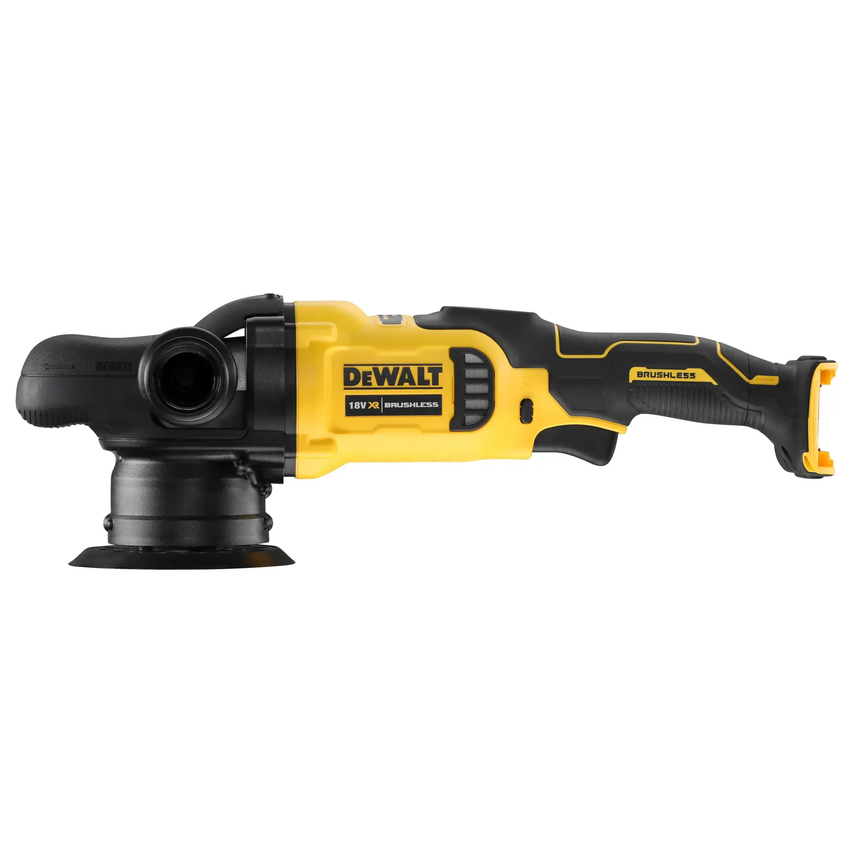 Lucidatrice brushless DEWALT senza fili, gialla e nera, con impugnatura ergonomica, su sfondo bianco.