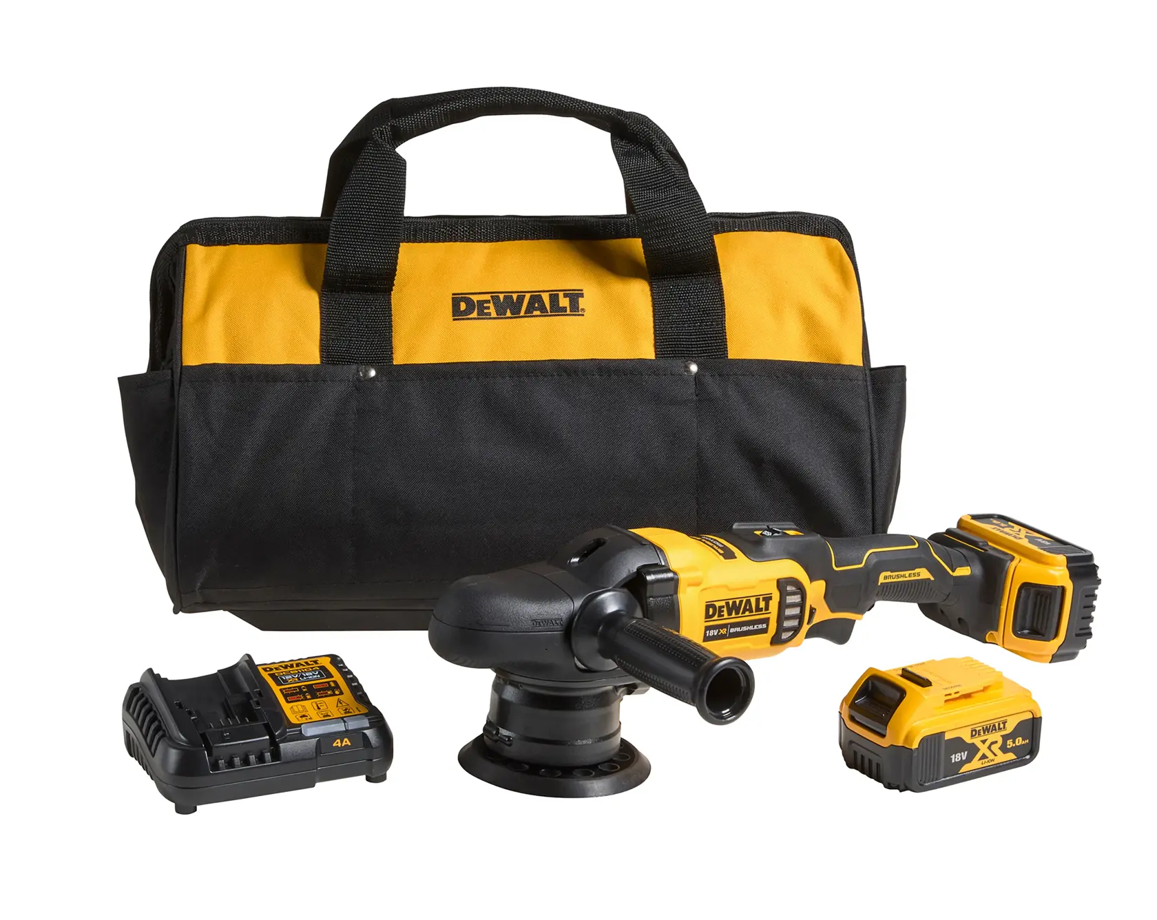 Kit lucidatrice DEWALT cordless con borsa, batteria, caricatore e utensile su sfondo bianco.