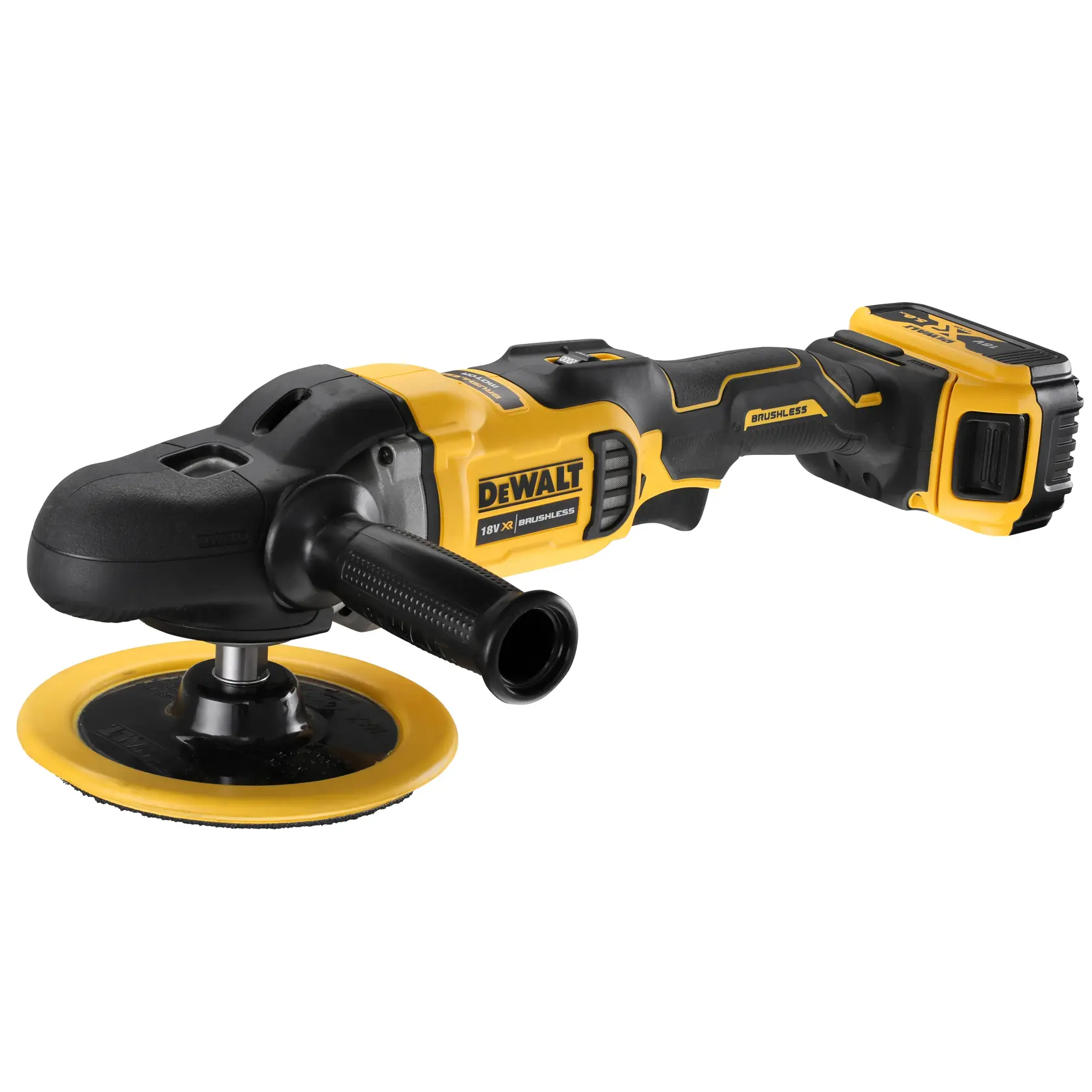 Lucidatrice DEWALT senza fili, motore brushless, gialla e nera, 18V, con batteria.