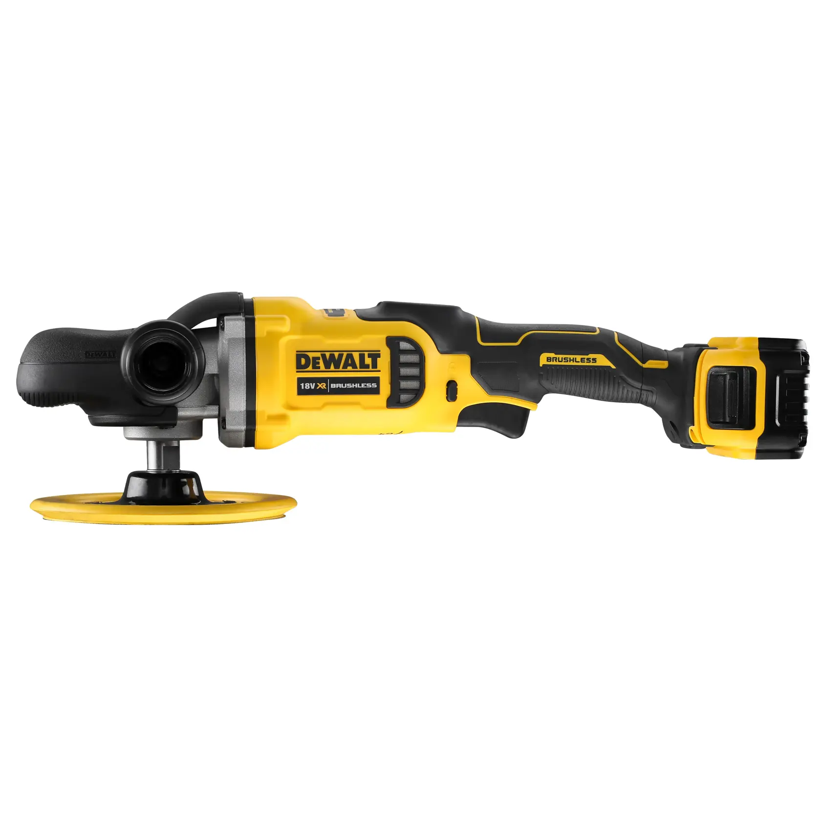 Lucidatrice DEWALT gialla e nera senza fili con motore brushless e batteria.