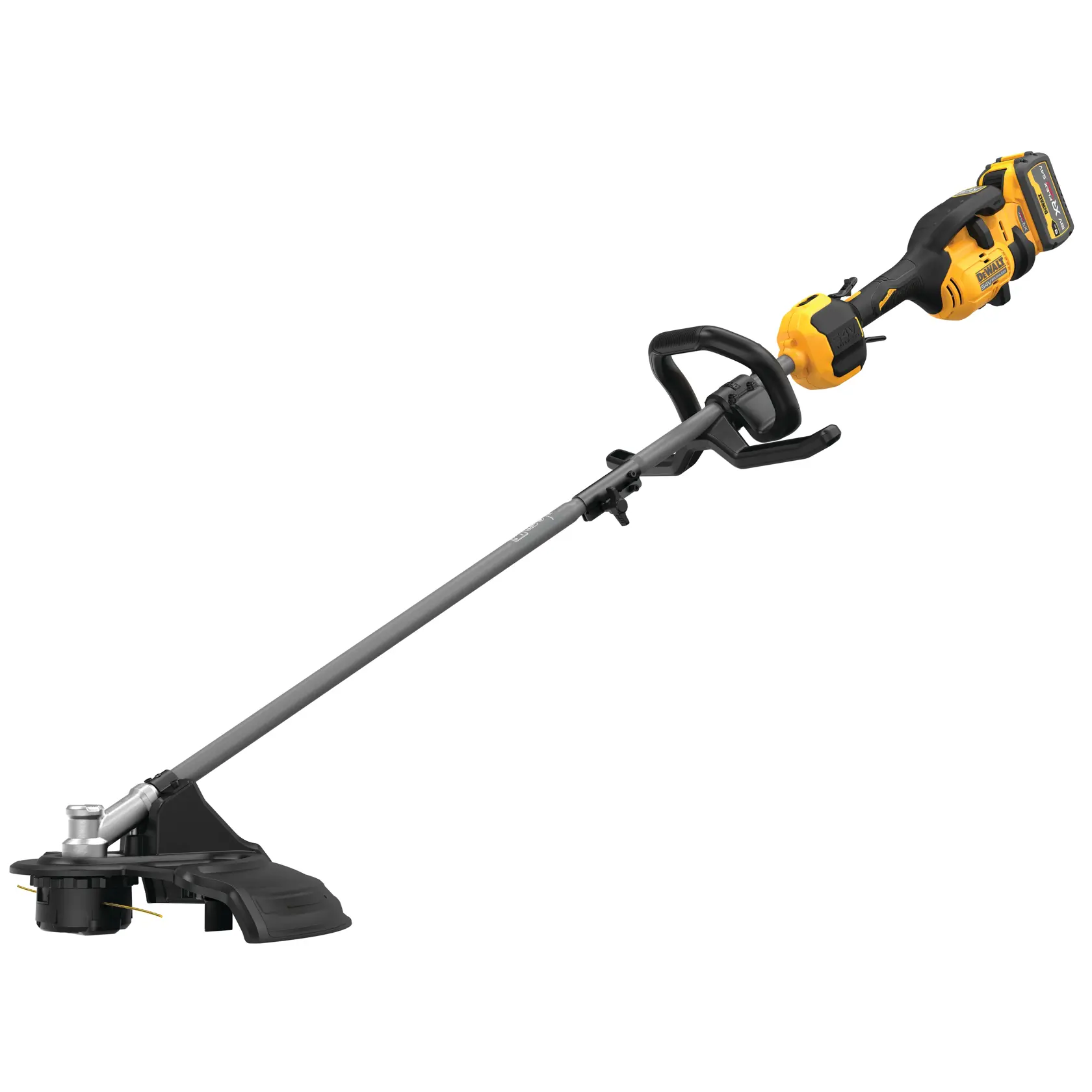 Tagliabordi a batteria DEWALT con lungo albero grigio, impugnatura nera e gialla, e batteria collegata all'estremità. La testa di taglio ha una protezione e doppio filo di taglio.