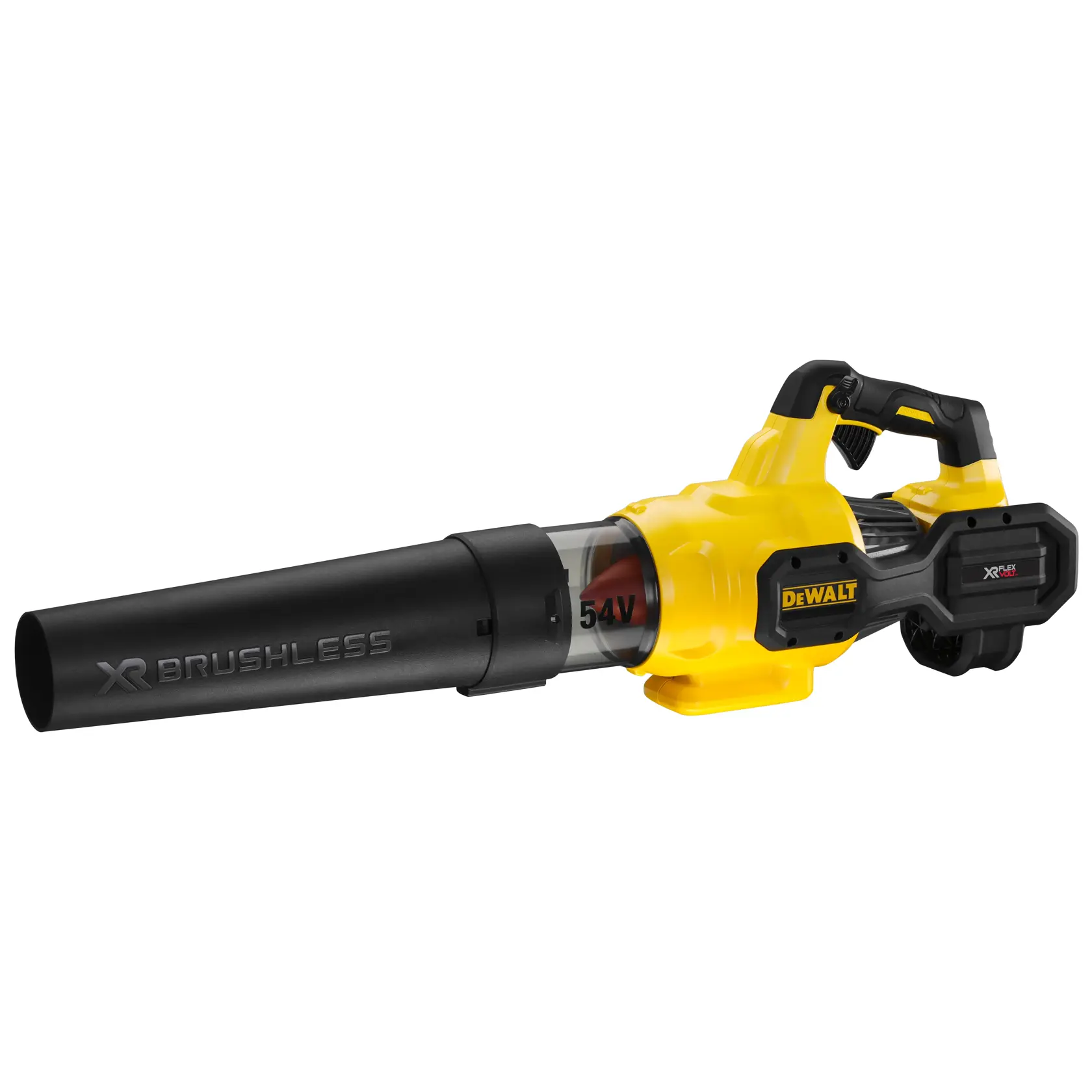 Soffiatore a batteria DEWALT giallo e nero con motore XR Brushless, su sfondo bianco.