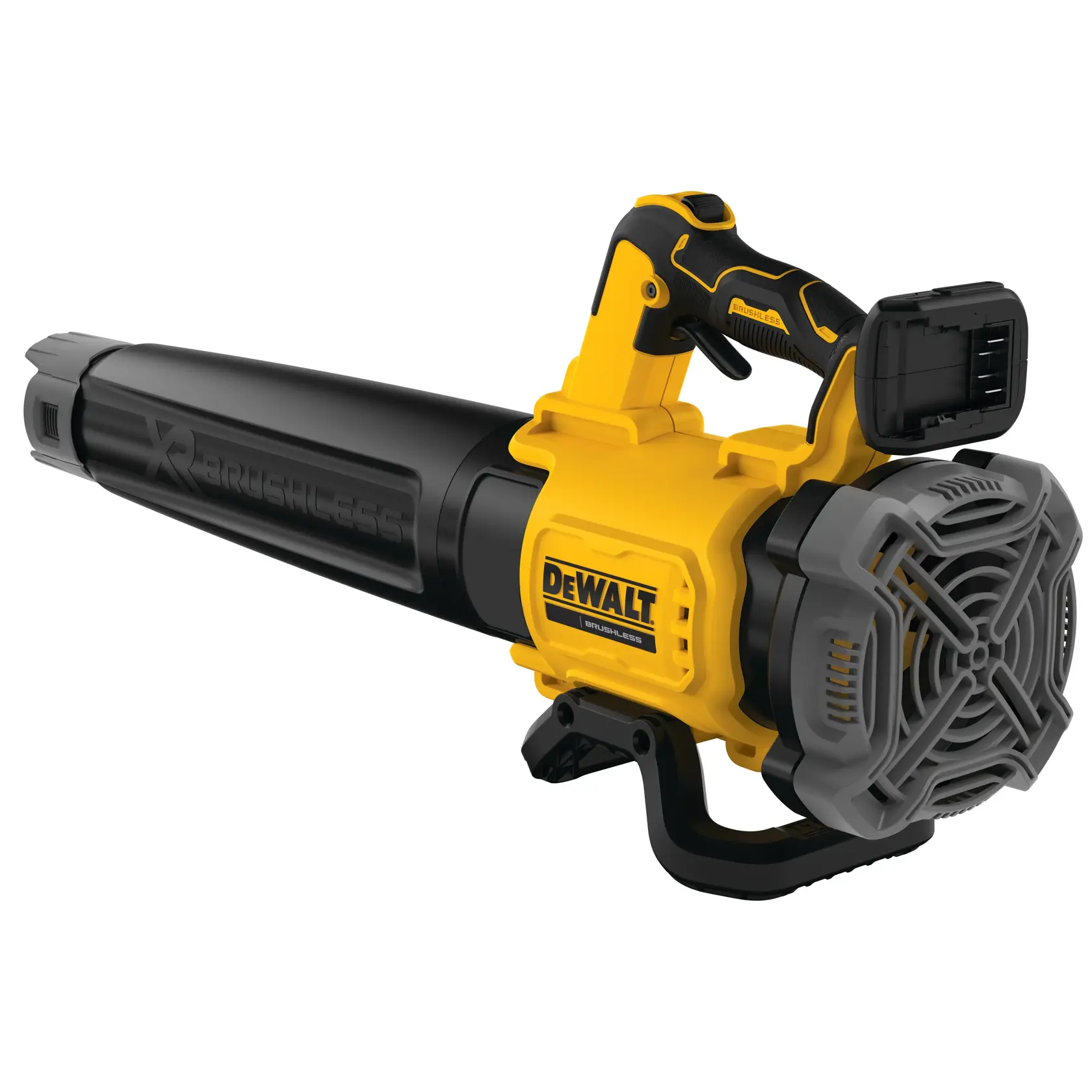 Soffiatore DEWALT senza filo, giallo e nero, modello brushless DCMBL562N su sfondo bianco.