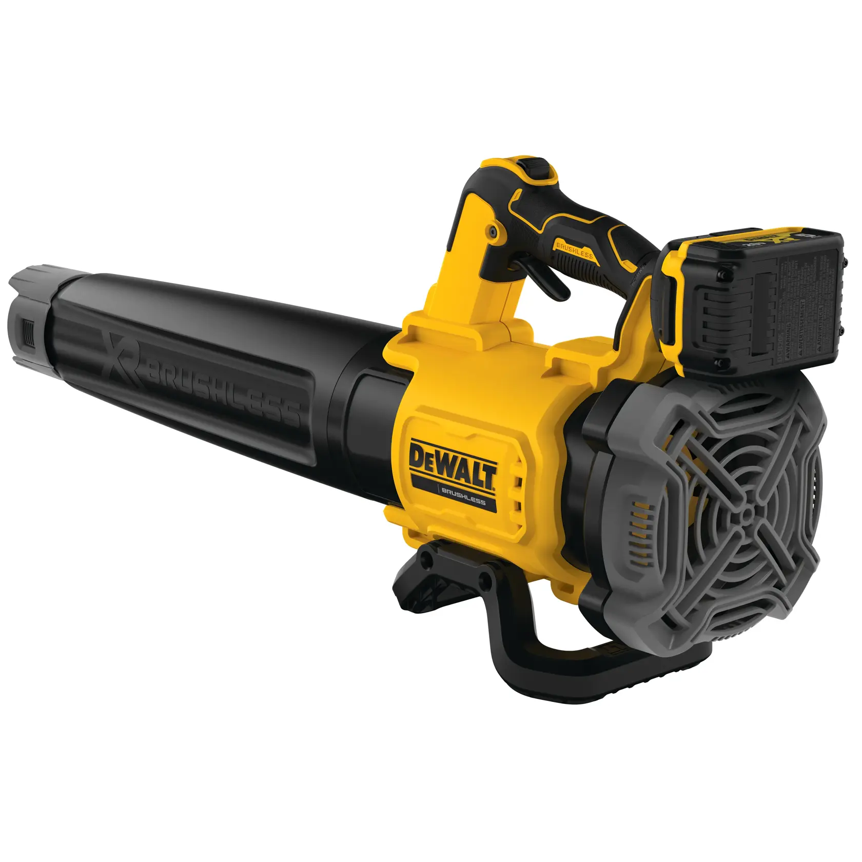 Soffiatore a batteria DEWALT DCMBL562P1, giallo e nero, con batteria installata.