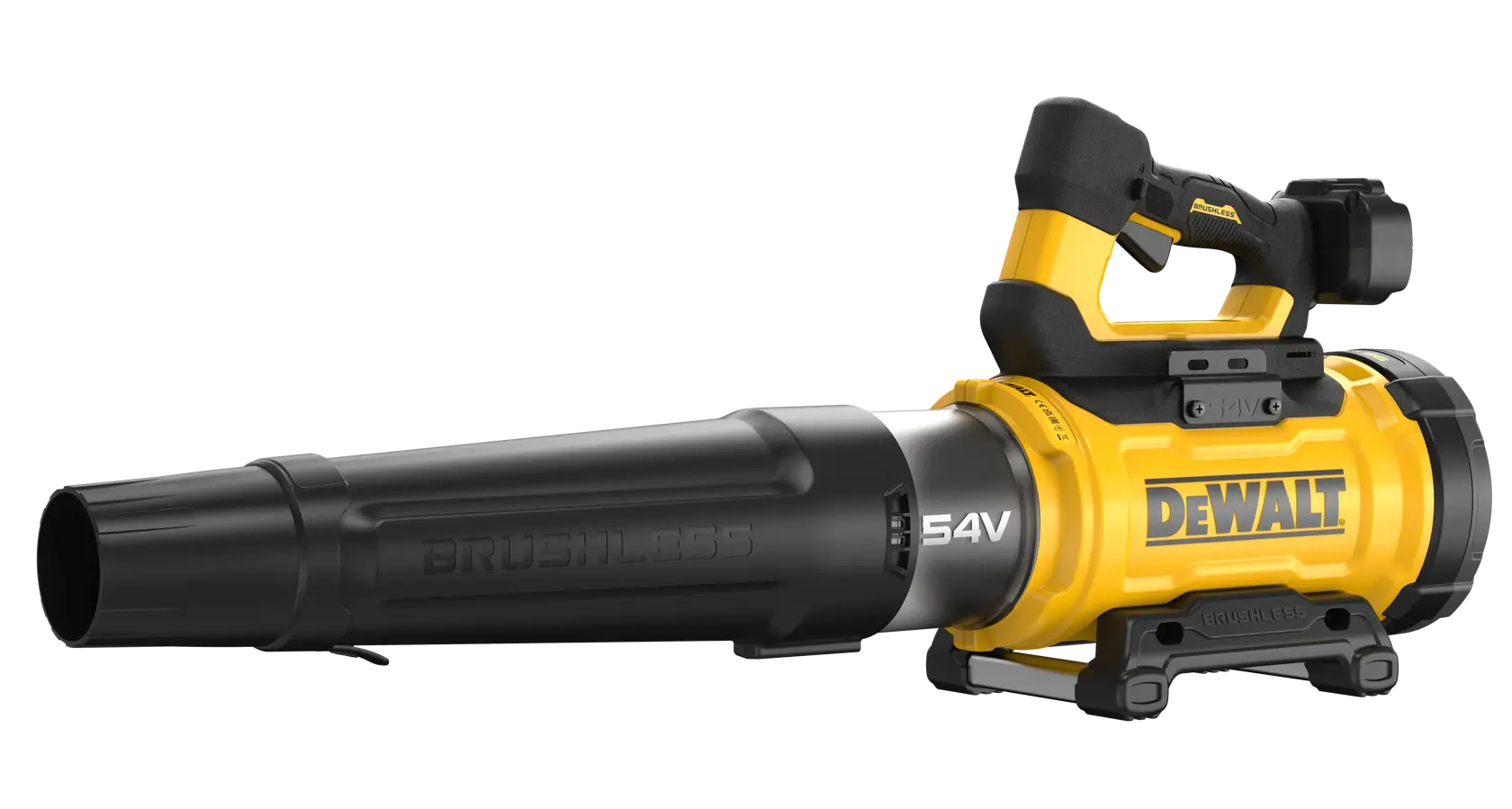 Soffiatore DEWALT a batteria, giallo e nero, motore brushless, modello DCMBL777N, 54V.