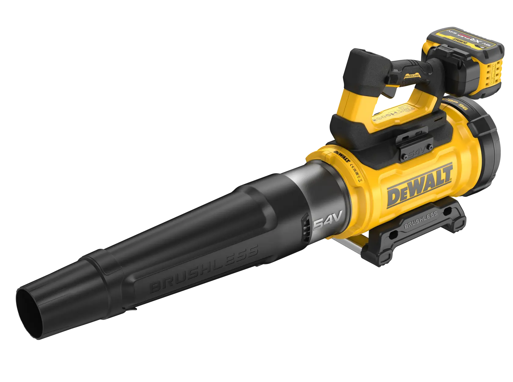 Soffiatore assiale XR Flexvolt 54V, motore BRUSHLESS, Modalità TURBIO, Portata massima 21.5 m3/min, Velocità 280km/h. 1 batteria Flex Volt 9Ah, caricabatterie, 2 tubi