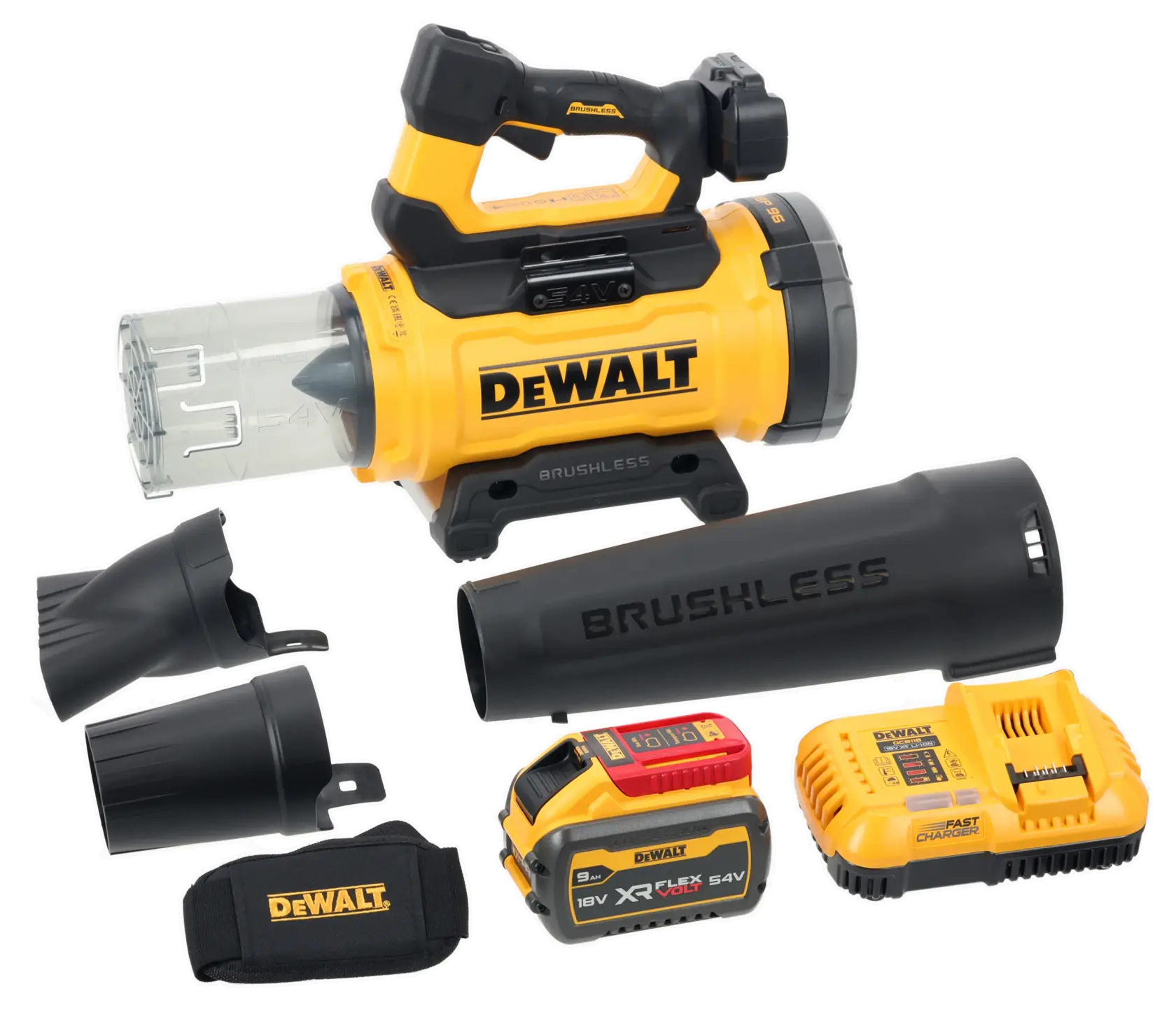 Soffiatore assiale XR Flexvolt 54V, motore BRUSHLESS, Modalità TURBIO, Portata massima 21.5 m3/min, Velocità 280km/h. 1 batteria Flex Volt 9Ah, caricabatterie, 2 tubi
