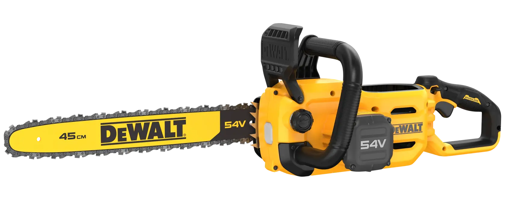 Motosega cordless DEWALT 54V, gialla e nera, barra 45cm, impugnatura ergonomica, su sfondo bianco.