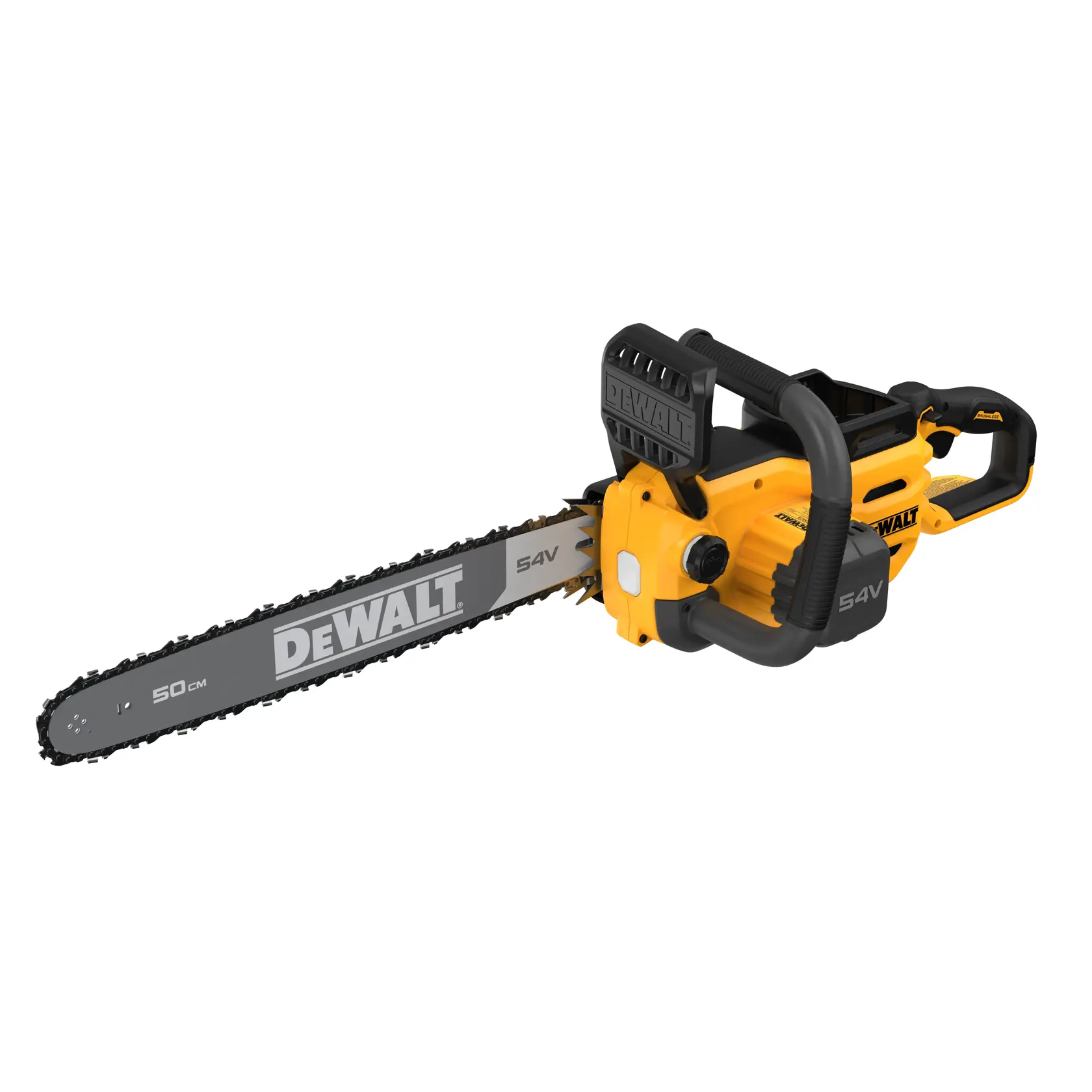 Motosega DEWALT 54V senza fili con lama da 50 cm su sfondo bianco.