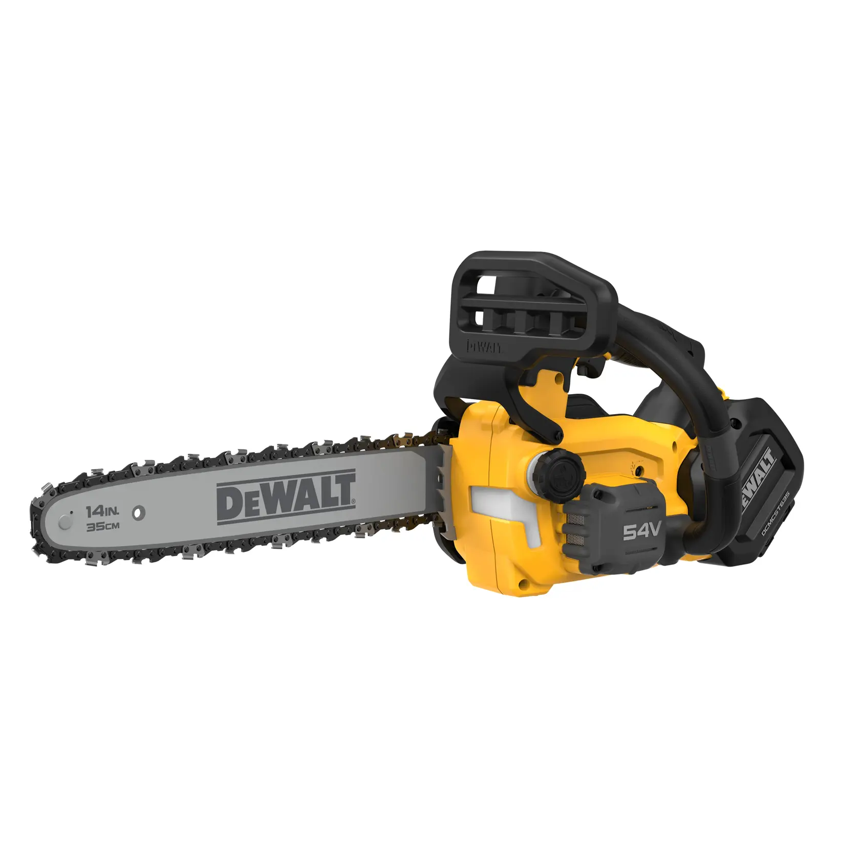 Motosega a batteria DEWALT, gialla e nera, 54V, lama da 14 pollici, su sfondo bianco.