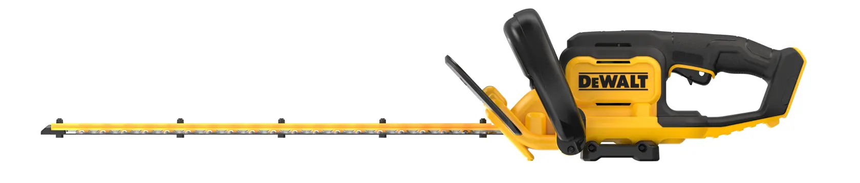 Tagliasiepi a batteria DEWALT giallo e nero, lama lunga e manico ergonomico.