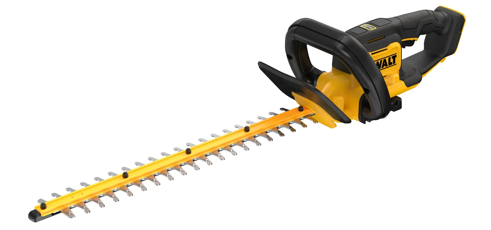 Tagliasiepi DEWALT cordless giallo e nero con impugnatura ergonomica e lama lunga.