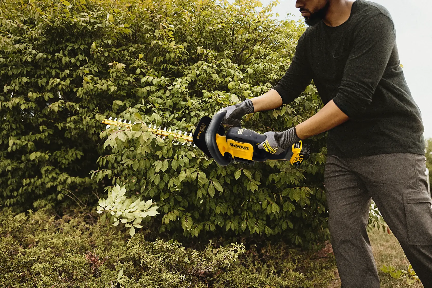 Persona pota siepi all'aperto con un tagliasiepi DEWALT. Il volto è sfocato.