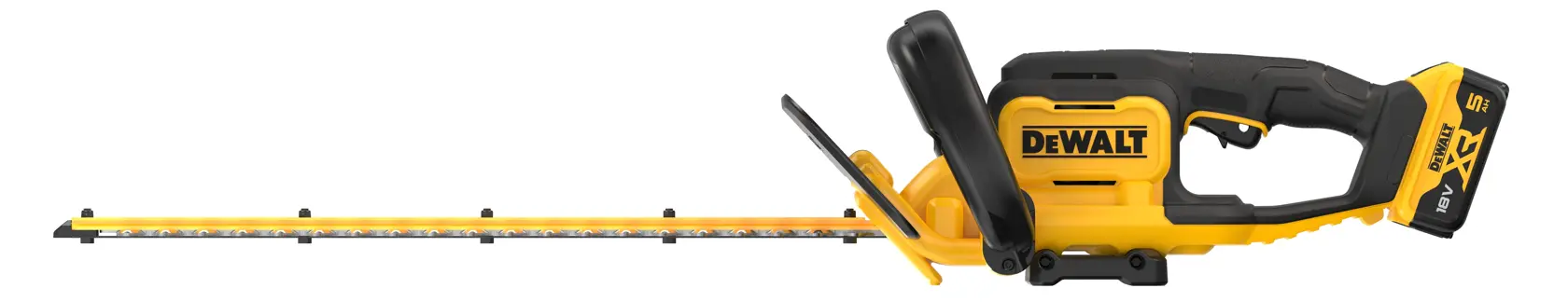 DEWALT cordless hedge trimmer with yellow and black body and long blade for garden trimming.